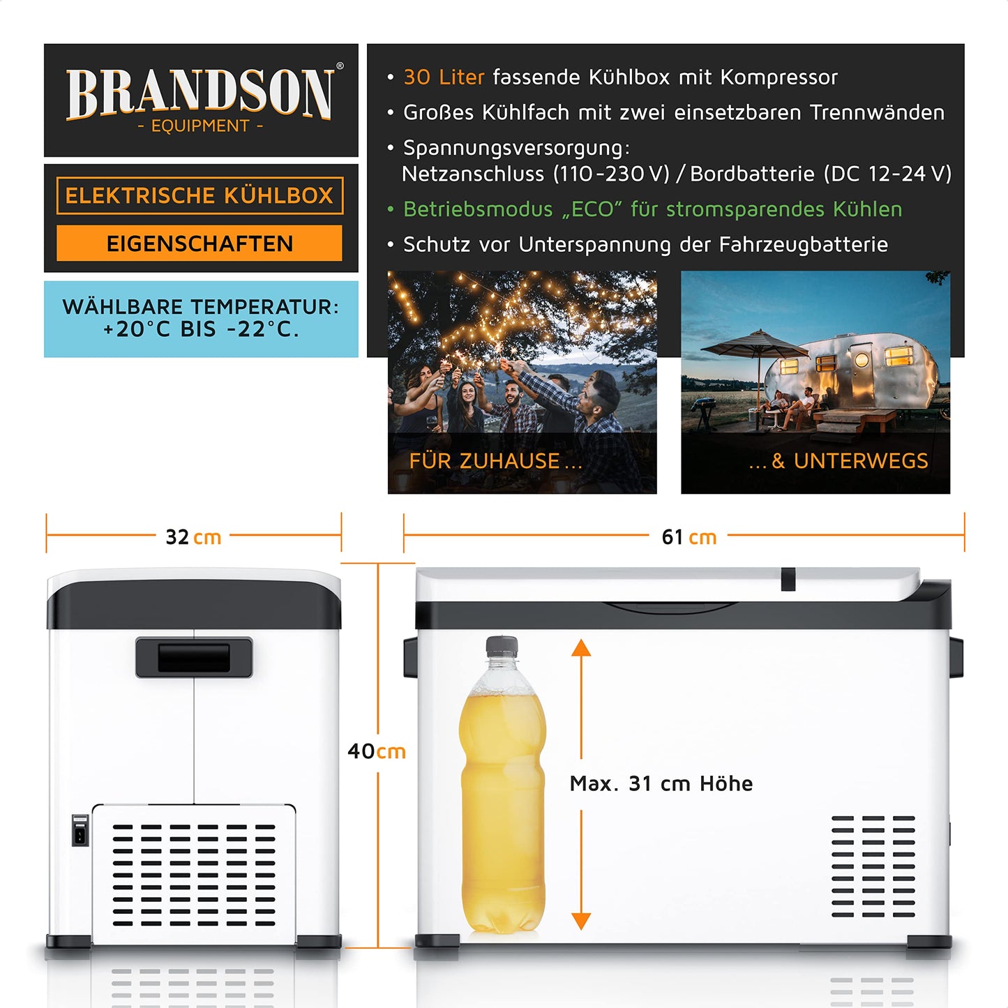 Brandson - ECO Compressor Cooling Box XXL electric - 30L Beverage Refrigerator - Freezer cooling up to -22°C - Car Cooler with ECO mode - 30 liter 12V 24V for Truck Car Camping Boat - White