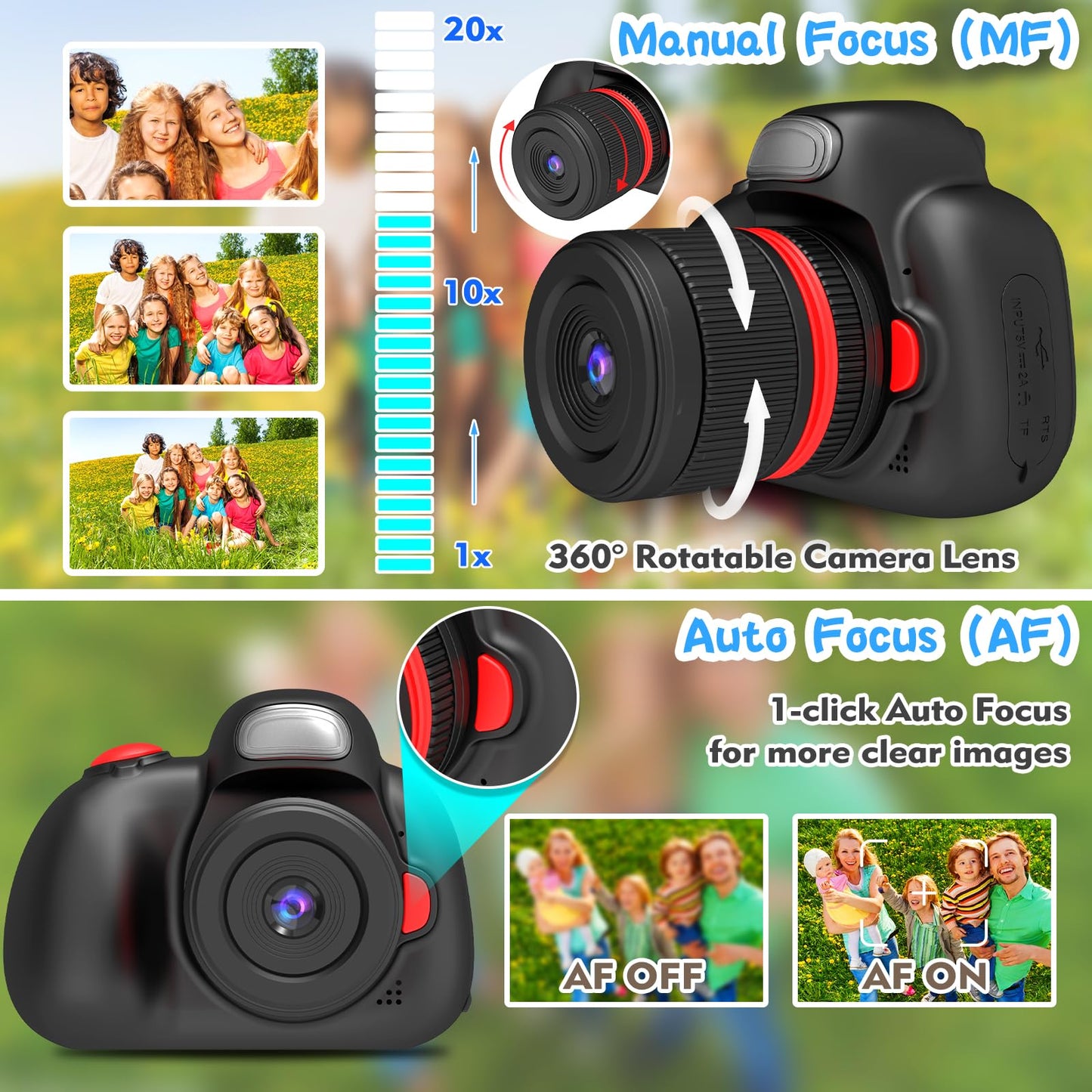 BaFuland Kids Camera, 2.4 inch screen digital camera for kids with 32GB card, 28MP/1080P children's camera selfie with 360° rotatable zoom, gifts for boys & girls aged 3-12 years (black)
