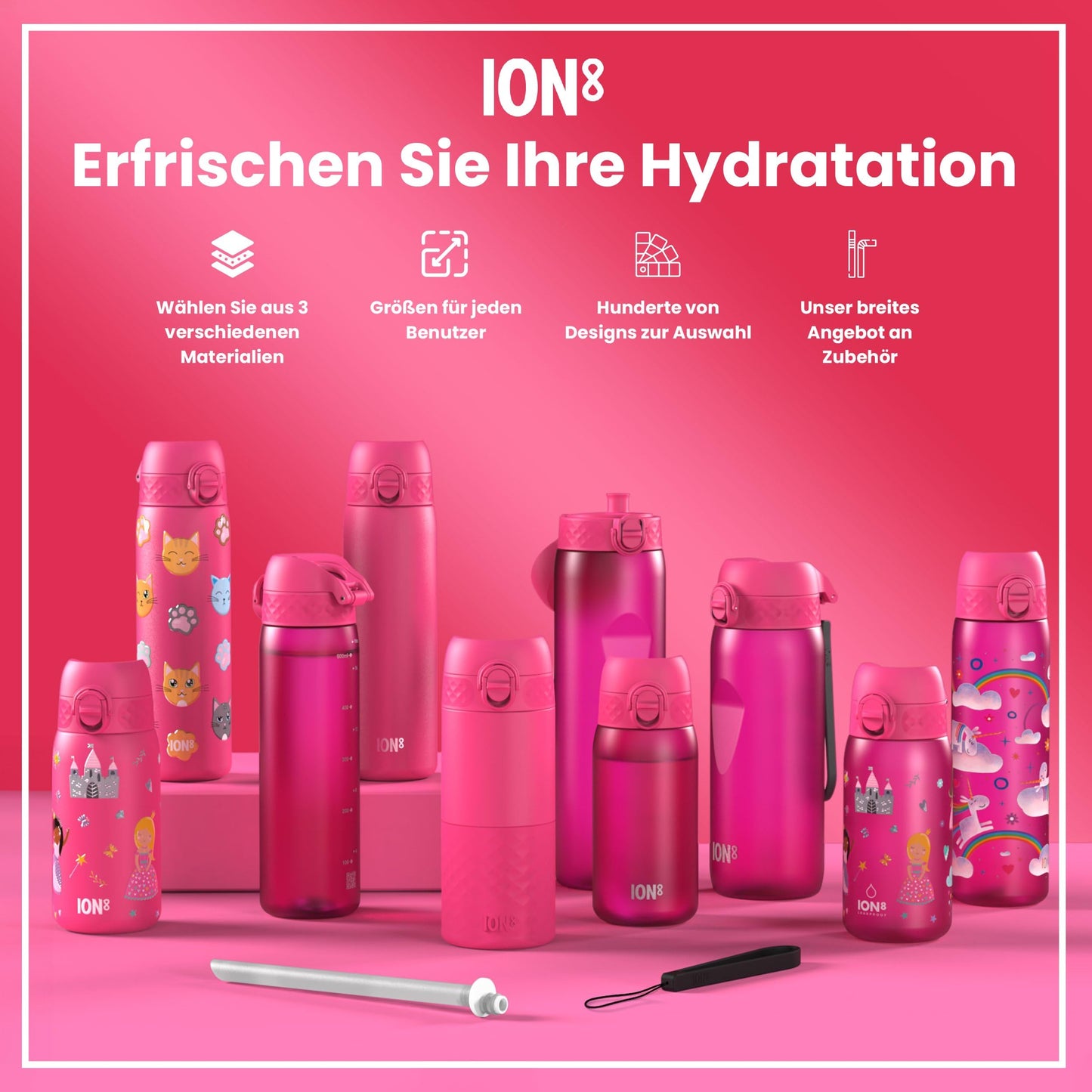 ion8 water bottle, 750ml, leak-proof, one-handed opening, secure lock, dishwasher safe, BPA-free, carry handle, flip lid, ergonomic grip, easy to clean, climate neutral, pink