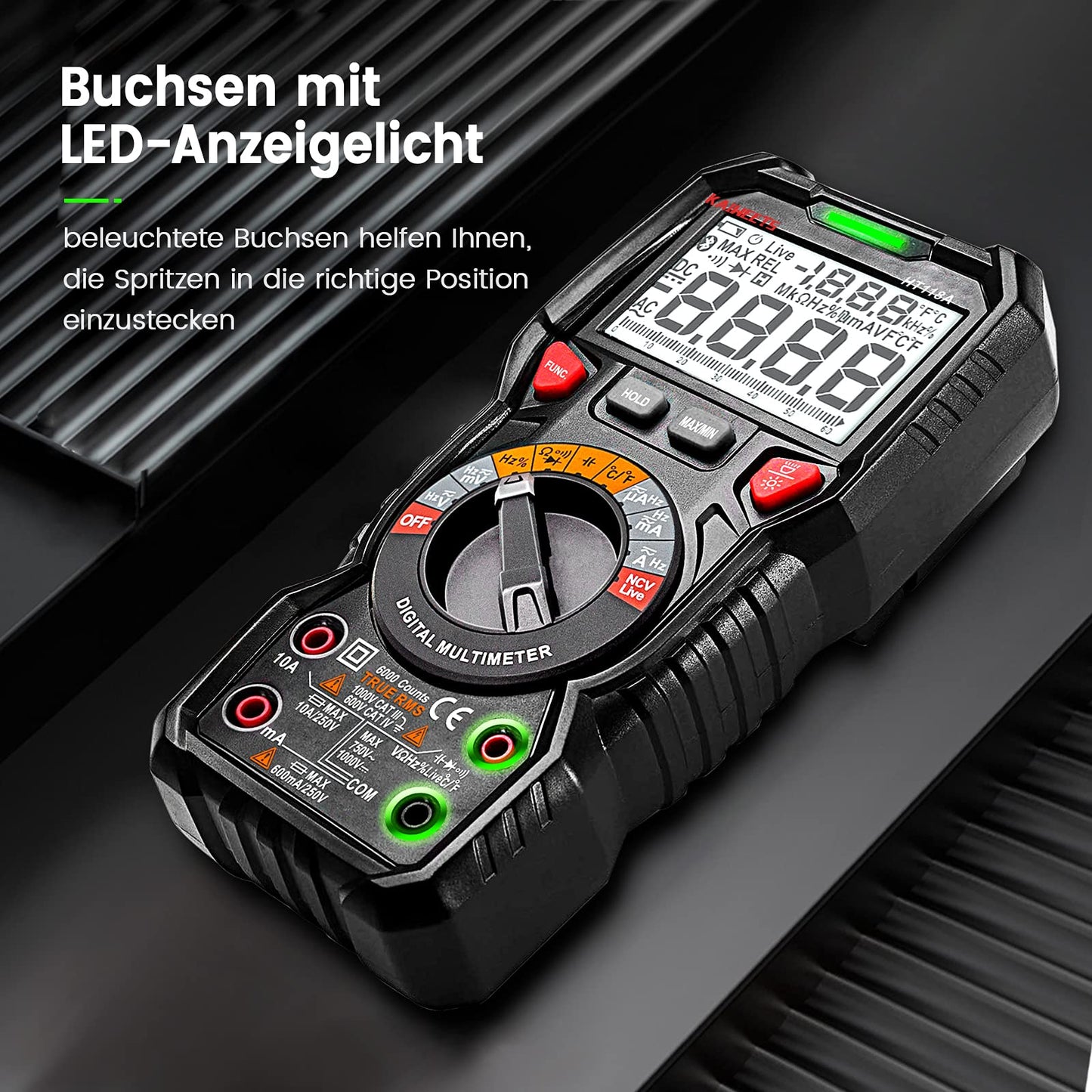 KAIWEETS Digital Multimeter with LED jacks, True RMS Auto-Range 6000 Counts, measures voltage, capacitance, temperature, resistance for electricians.