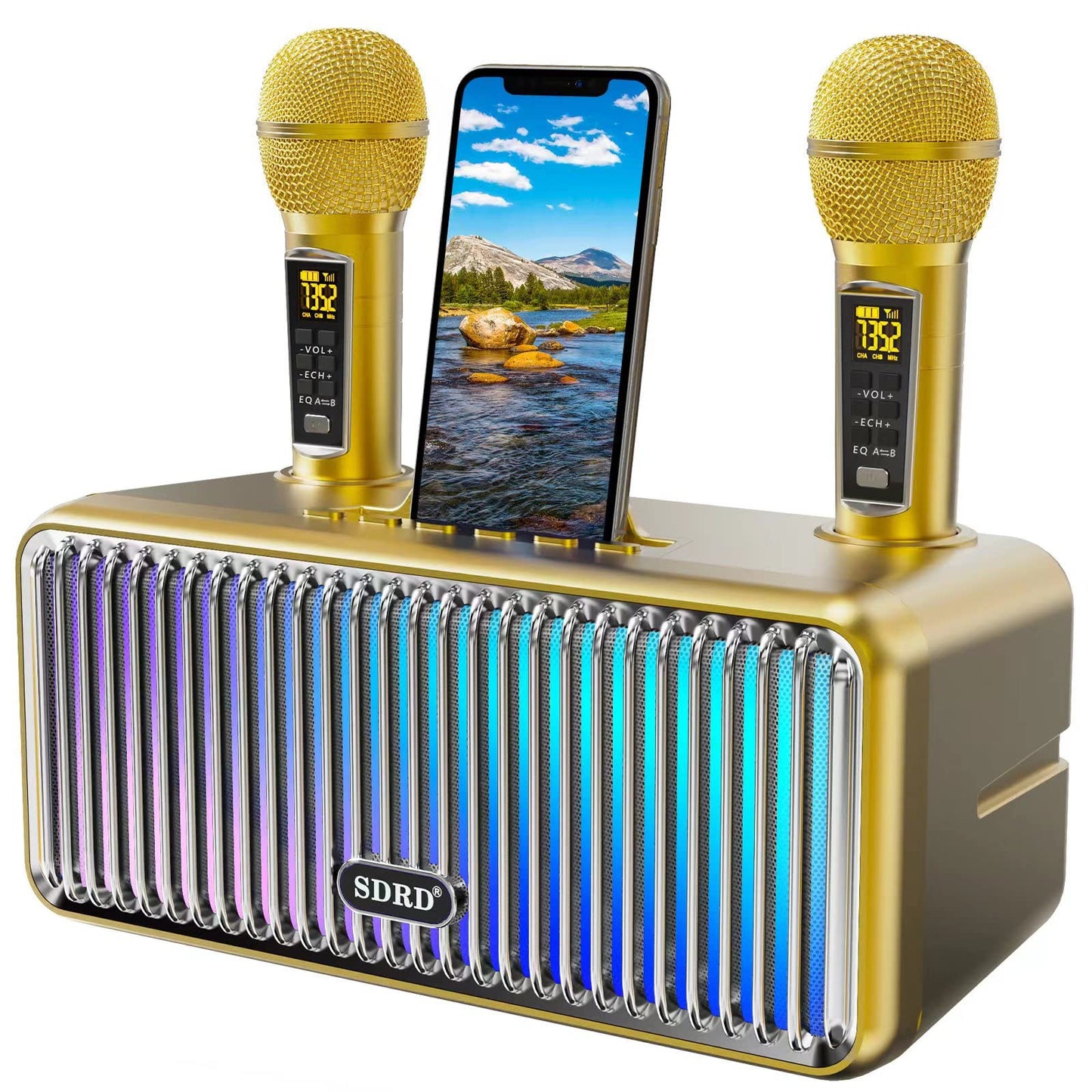 Karaoke machine for adults and kids, portable Bluetooth speakers with 2 UHF wireless microphones Karaoke speaker PA system with colorful gradient LED lights for home parties - Gold