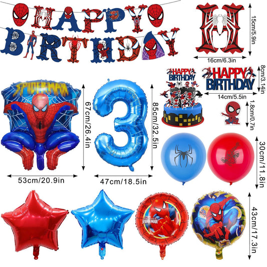 Spiderman kids birthday party decor, 30 helium balloons for birthday. Includes huge 3D Spiderman hero balloons and number balloons. Birthday decor for kids 3 years old.