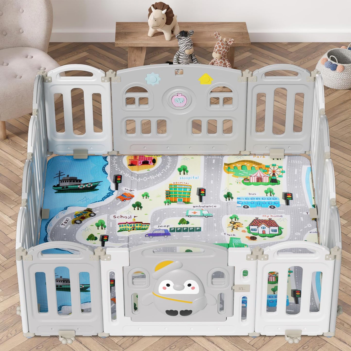 Izrielar Playpen Foldable Play Yard Baby Playpen Activity Center Playpen, Plastic Child Safety Gate with Crawling Mat and Story Machine, 14 Panels Gray and White