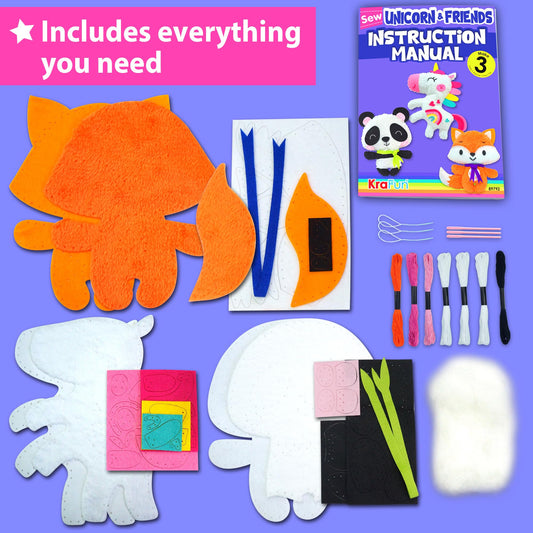 Craftfun Unicorn Sewing Kit for children aged 7 and up includes 3 beginner-level fabric animal dolls (Panda, Fox, Unicorn), plush felt, instructions, name tags, reusable box, educational toy.