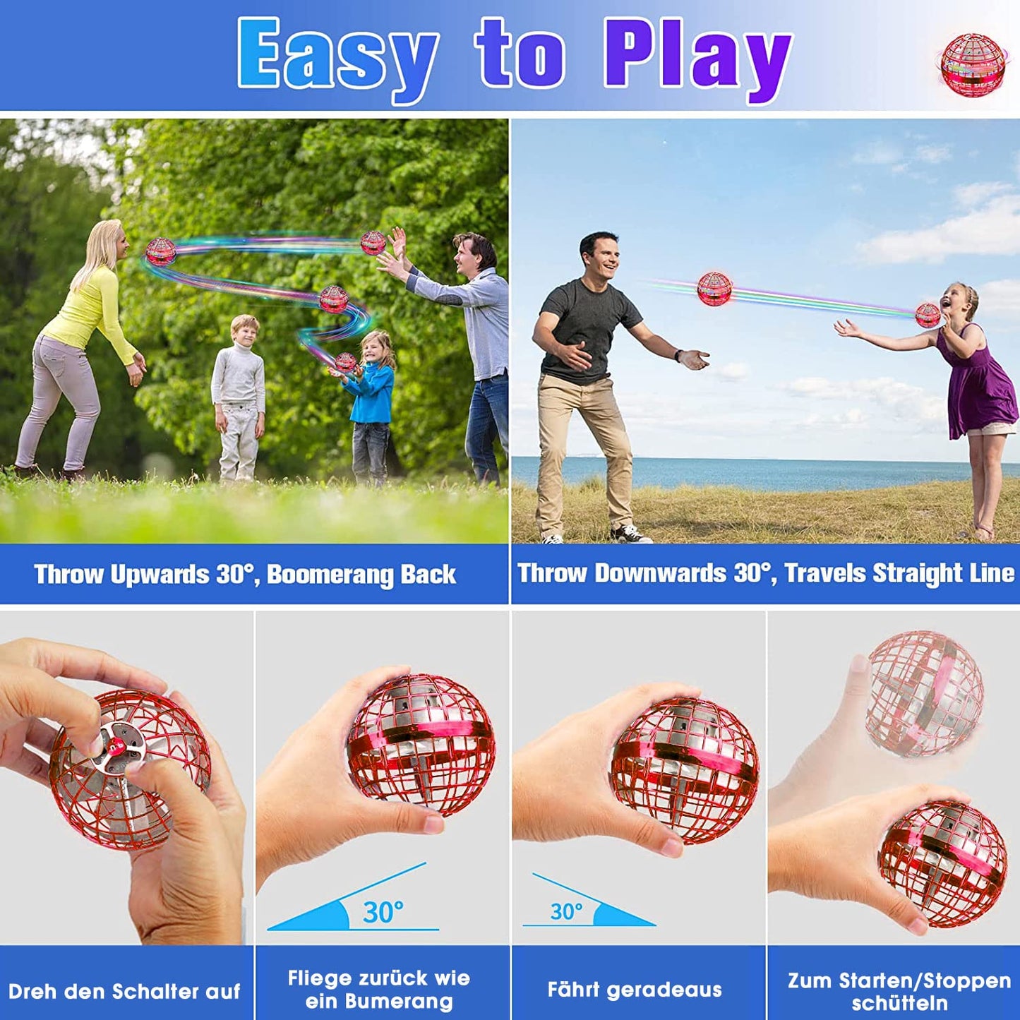 ASORT Hover Flying Ball, Magic Flying Spinner Hover Ball RGB Mini Drone for Kids Flying Toy, Floating Flying Orb Gifts for Boys Girls Indoor Outdoor (Red)