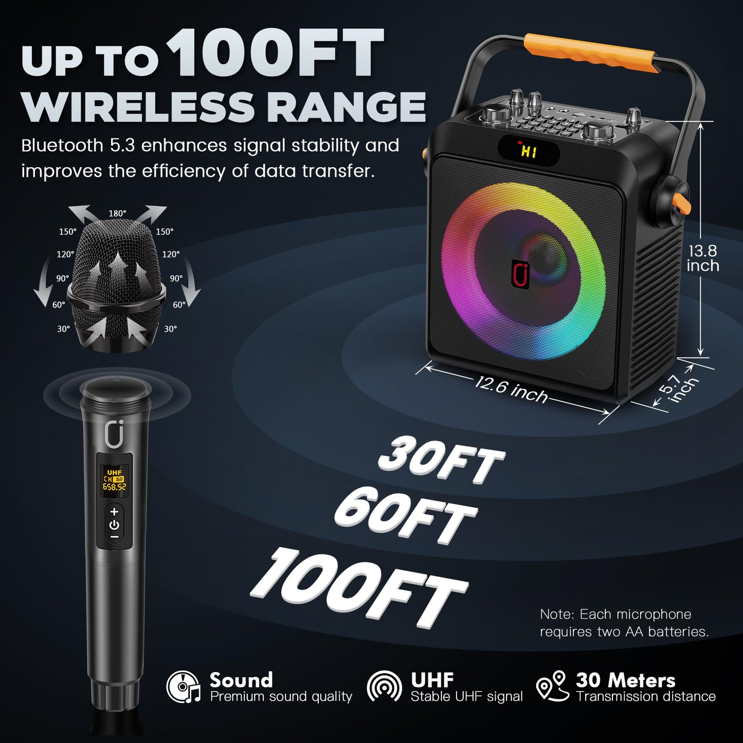 JYX Karaoke with 2 microphones, Bluetooth karaoke speaker, and DJ lights for adults and kids. PA system with microphone, karaoke, portable, for home and outdoor parties.