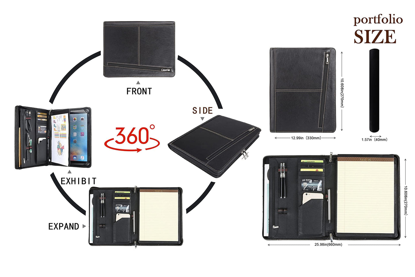 Calfinder conference folder A4 leather with zipper 12.9 inch tablet bag genuine cowhide premium handmade leather portfolio, padfolio, leather folder, document holder, business portfolio, file folder.