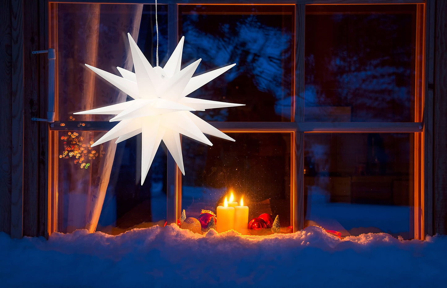 3-pack 3D LED star - Christmas star with warm white lighting, suitable for indoor and outdoor use, hanging, 100 cm cable, approx. Ø 25 cm, battery-operated (white)