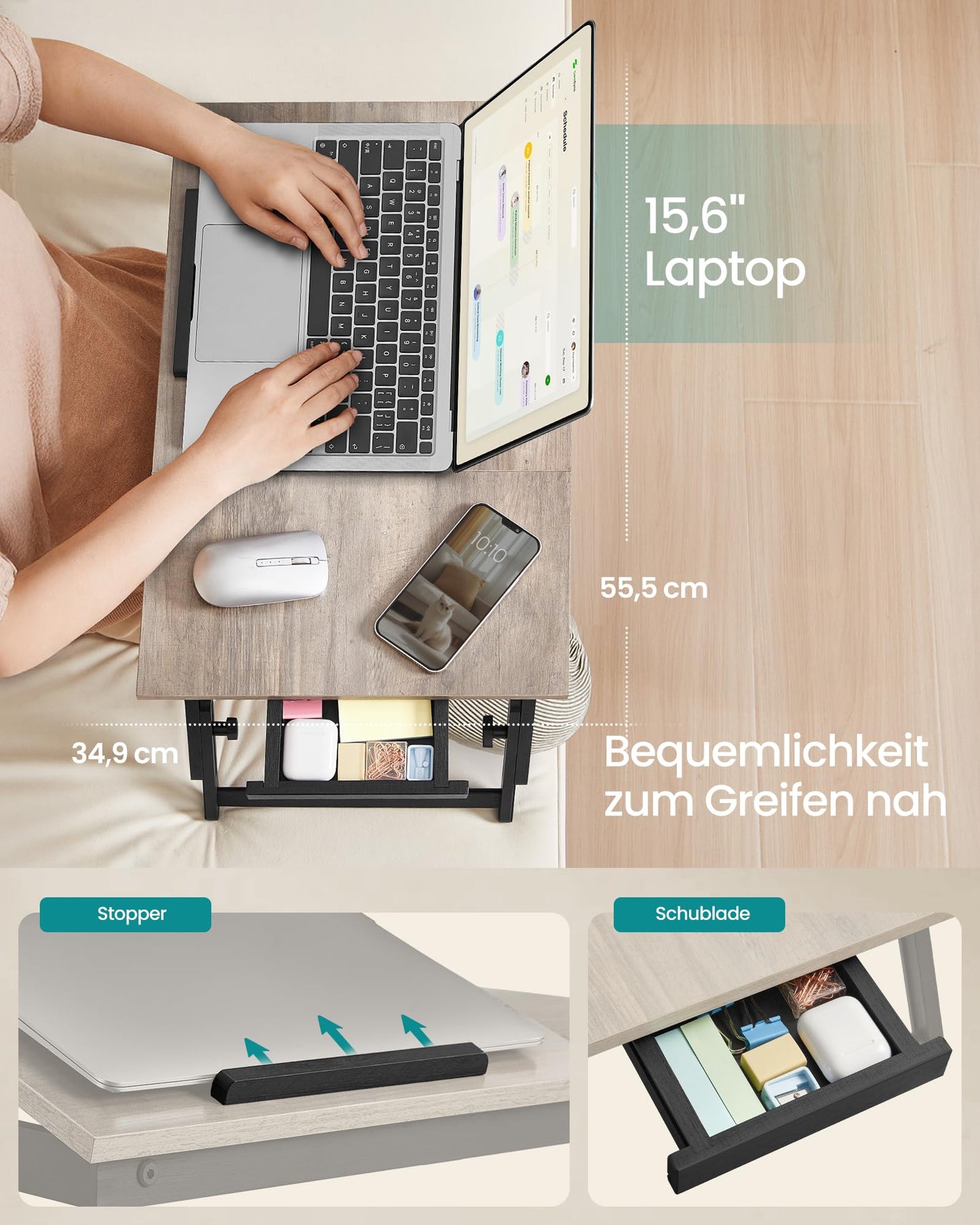 SONGMICS laptop table for bed, laptop stand, angle and height adjustable, foldable legs, for laptops up to 15.6 inches, work, read, have breakfast, bamboo legs, drawer, greige mottled LLD105W01