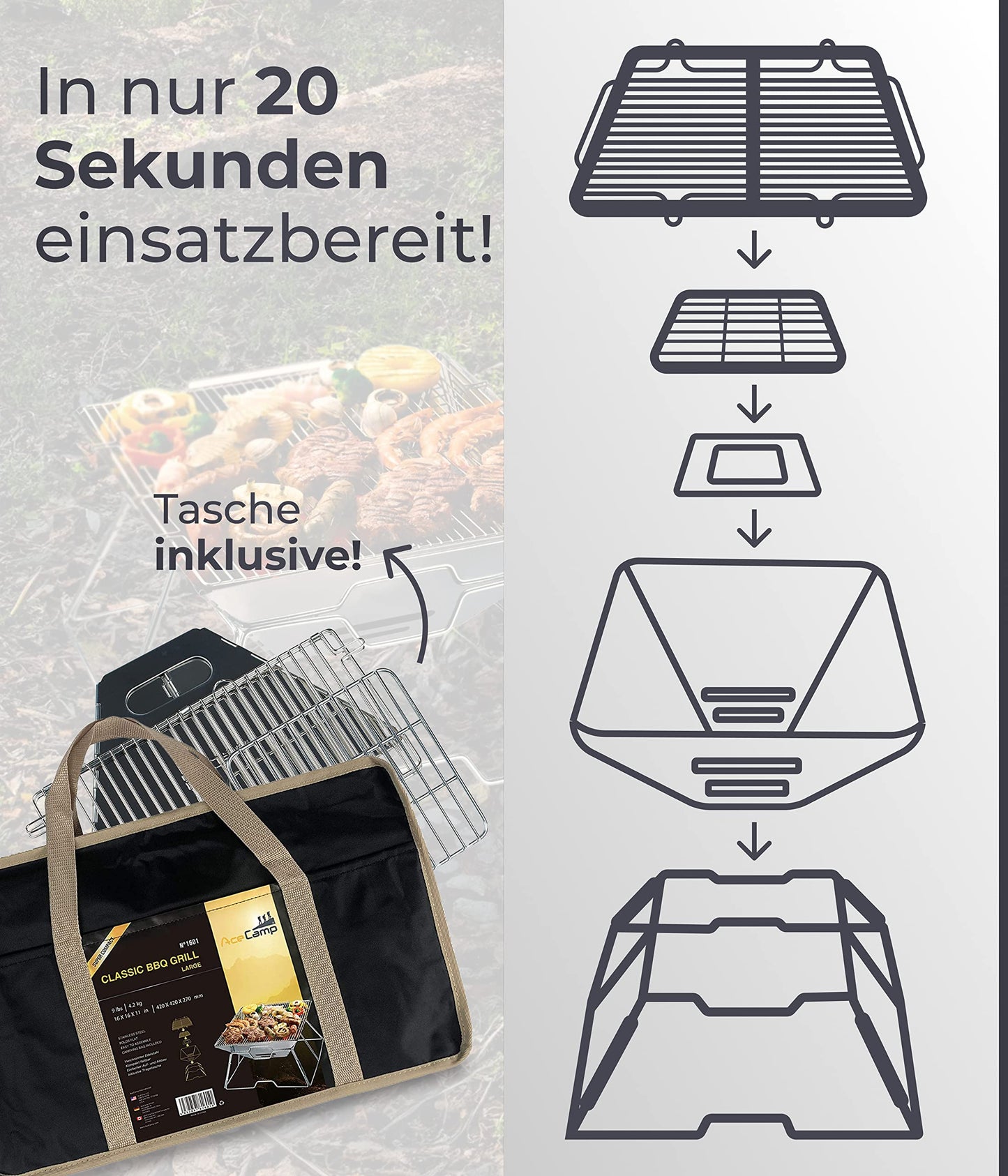 AceCamp® Portable Charcoal Grill - Foldable stainless steel grill for camping, garden, party, and BBQ.