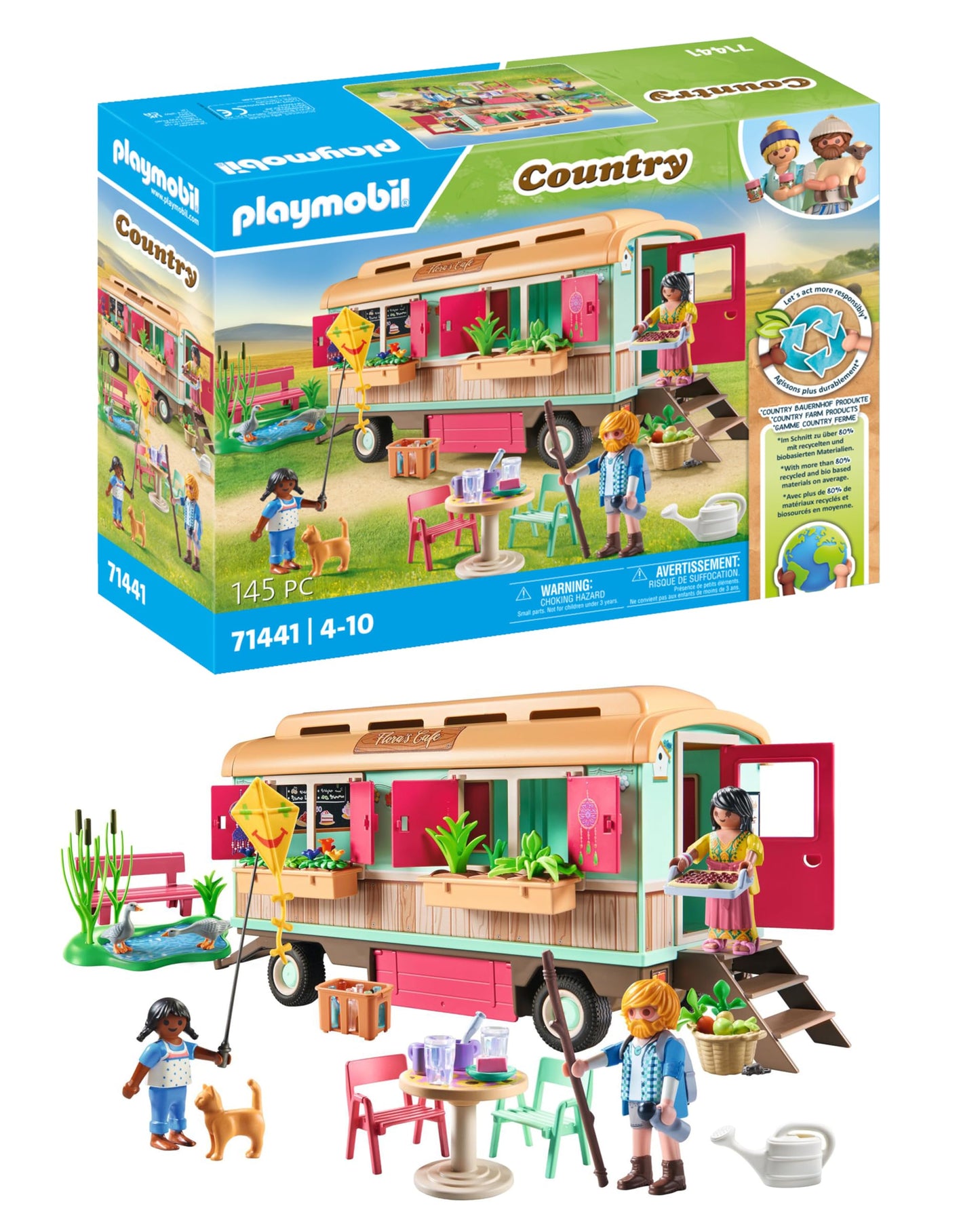 PLAYMOBIL Country 71441 Cozy Trailer Café, playful learning with lovingly designed trailer, detailed amenities, and a pond with geese, sustainable toy for children aged 4 and up.
