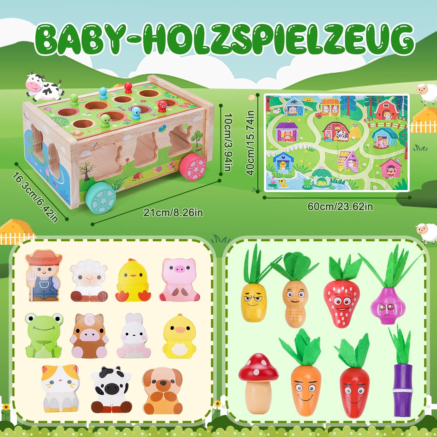 Montessori toy for 1 2 3 year olds | Wooden toy with card 7-in-1 farm game wooden motor skills toy | Children's carrot stacking game wooden | Montessori gift for girls and boys