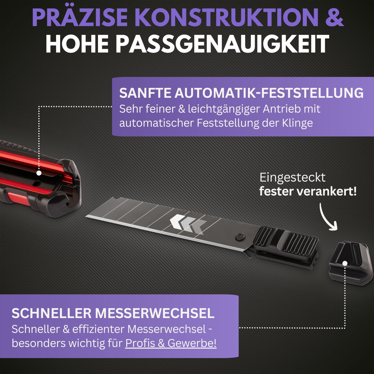 Filzada® 3x Utility Knife Professional incl. 13x Carbon Steel Blades BLACK - Utility Knife 18mm - Robust Carpet Knife Professional - Cutter Knife Set - Metal Utility Knife ULTRA SHARP