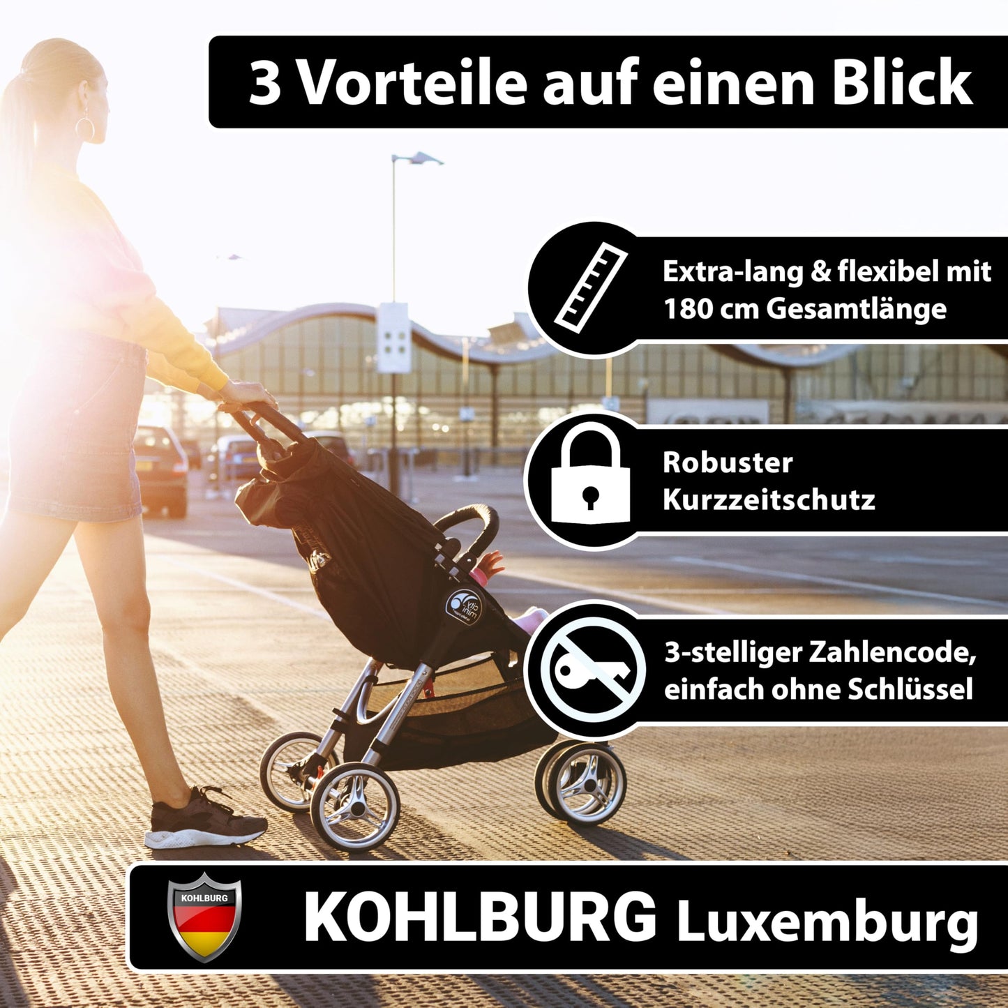 KOHLBURG 180cm extra-long combination lock for the bag - 3mm thick cable lock for use as stroller lock, helmet lock, snowboard lock & ski lock - mini road bike & bicycle lock with combination code
