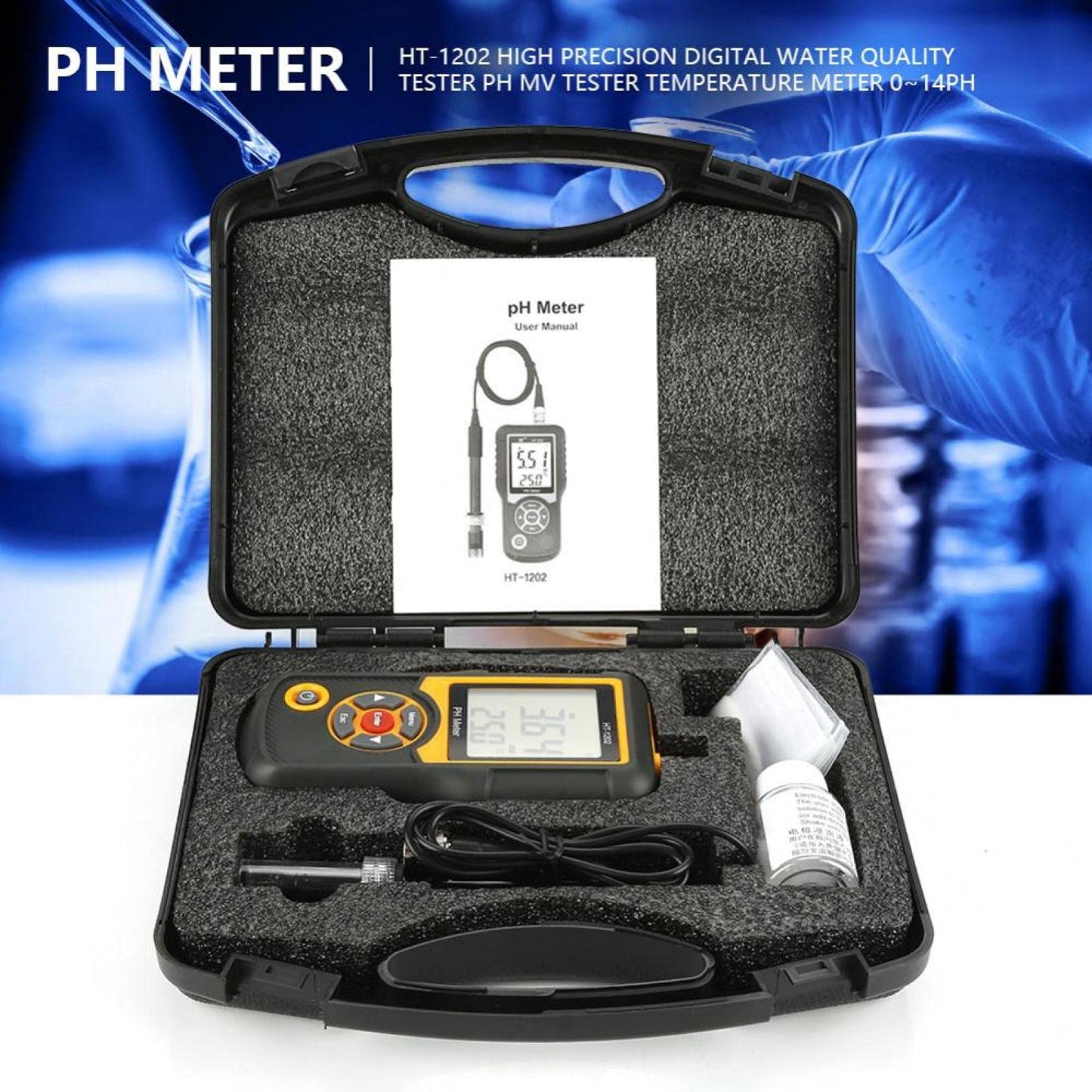 Digital PH meter HT-1202 0.05 pH High-precision water quality tester, PH mV tester temperature meter 0~14 PH with black housing for water sources, schools, laboratories, pharmacies.