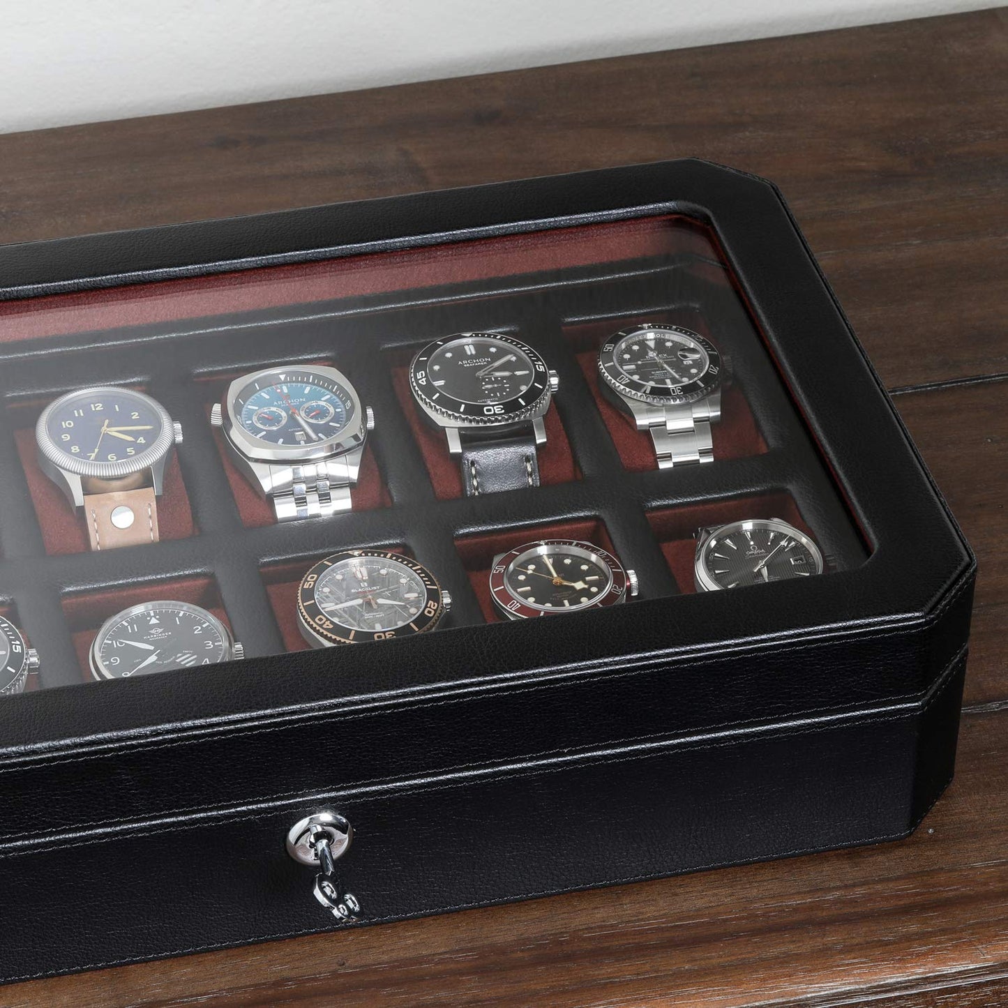 ROTHWELL 12 Slot Leather Watch Box - Luxury Watch Case Display Organizer, Men's Storage Boxes Holder Large Glass Top (Black/Red)
