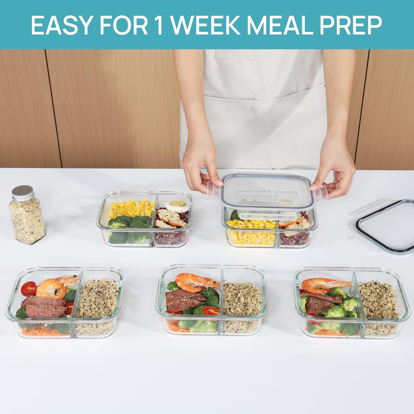 Vtopmart 5Pack 975ml Meal Prep Boxes, Glass Containers with Lid, Glass Food Storage Containers with Lid for Microwave, Oven, Freezer, and Dishwasher.