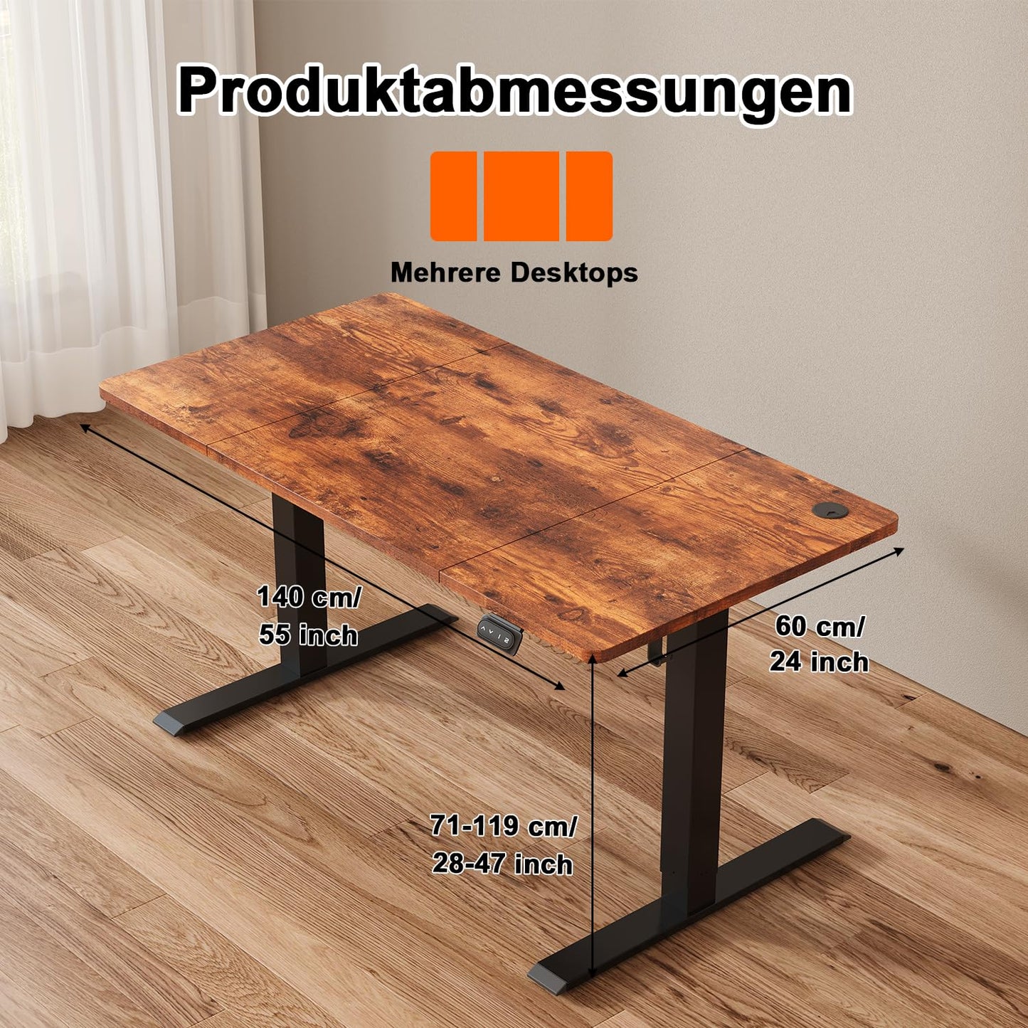 JUMMICO Adjustable Height Standing Desk Electric Standing Desk with Memory Function 140 x 60 cm, Brown.