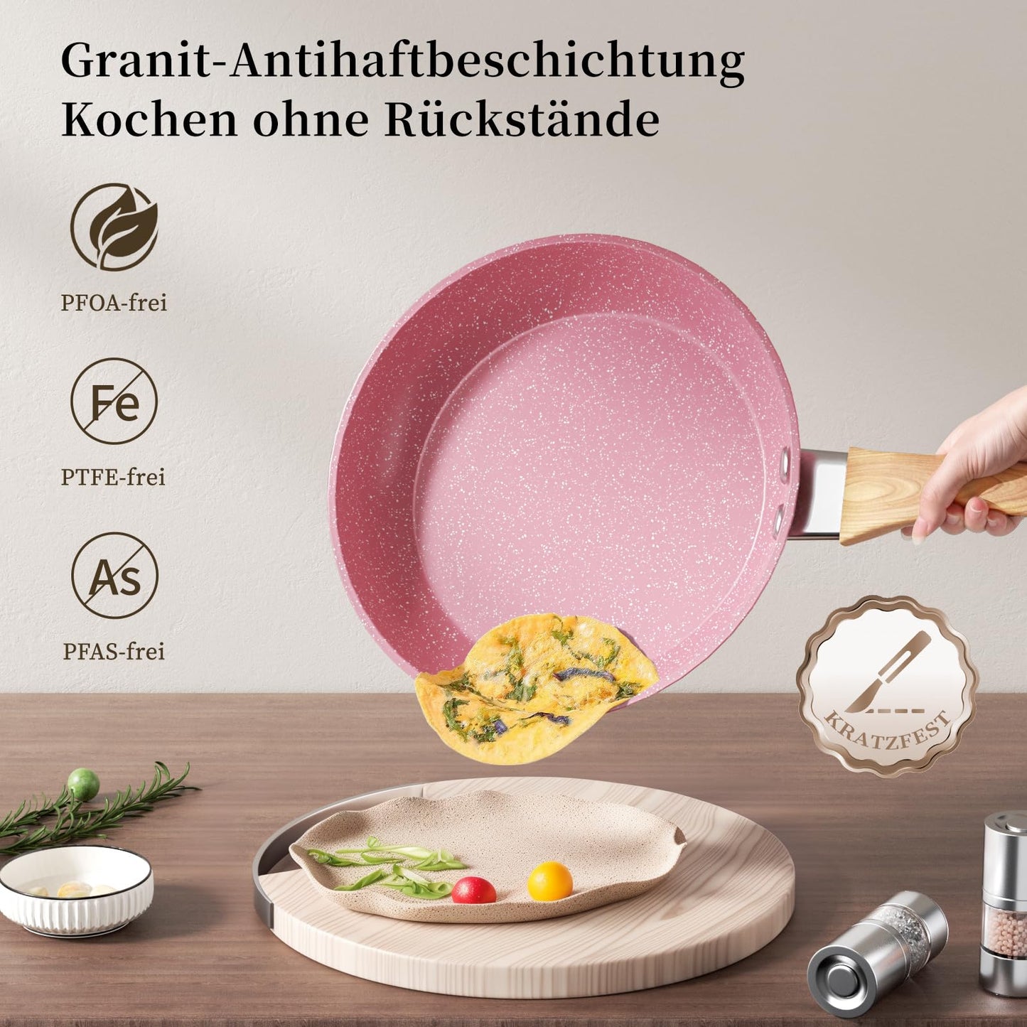Innerwell 24 cm non-stick frying pan, induction pan with ceramic coating, professional quality omelette pan, healthy granite pan, oven-safe, PFOA-free, pink.