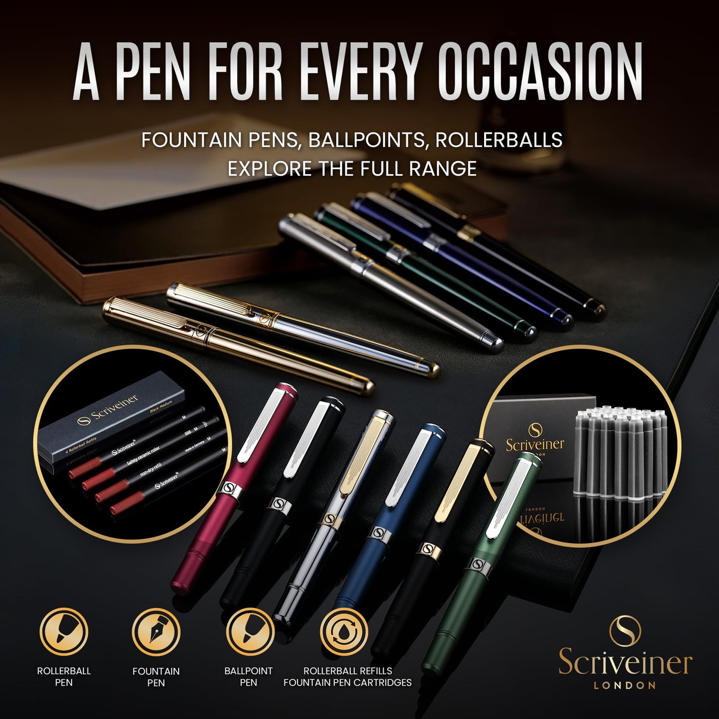 Scriveiner British Racing Green Personalized Pen - Stunning Green Lacquer Luxury, Chrome Finish, German Schmidt Nib (Medium), Best Engraved Fountain Pen Gift Set, Name Engraving