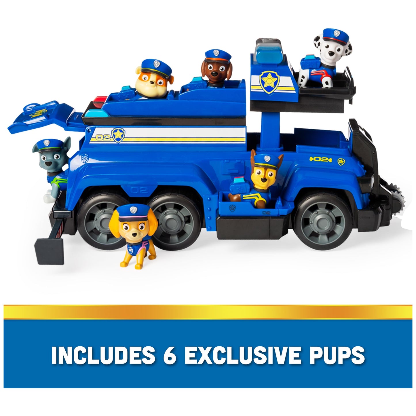 PAW PATROL Team Cruiser, a big vehicle featuring exclusive Chase, Marshall, Skye, Rubble, Rocky & Zuma action figures. Toys for boys & girls ages 3+.