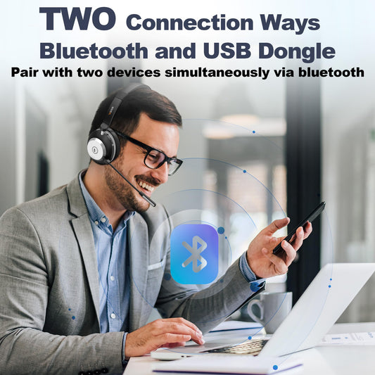 Wantek Wireless Headset with Microphone, Bluetooth Headset with Charging Dock, Wireless Headphone with Microphone and USB Dongle, Call Center Headphone for Computer Laptop Teams Office Zoom Skype.