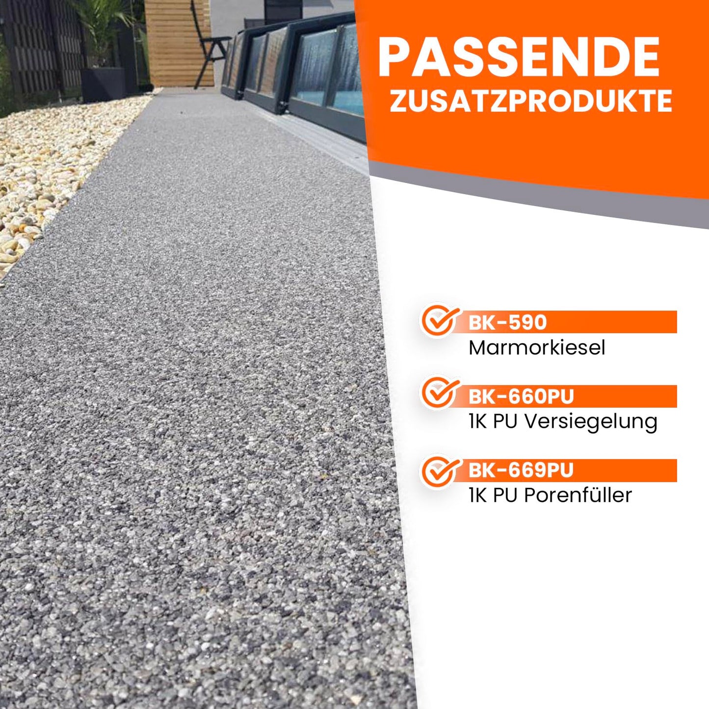 1K PU Binding agent adhesive for outdoor stone carpet, UV-resistant, 2kg colorless glossy - no yellowing, elastic, sealing, sufficient for 50kg marble gravel - BEKATEQ BK-667PU