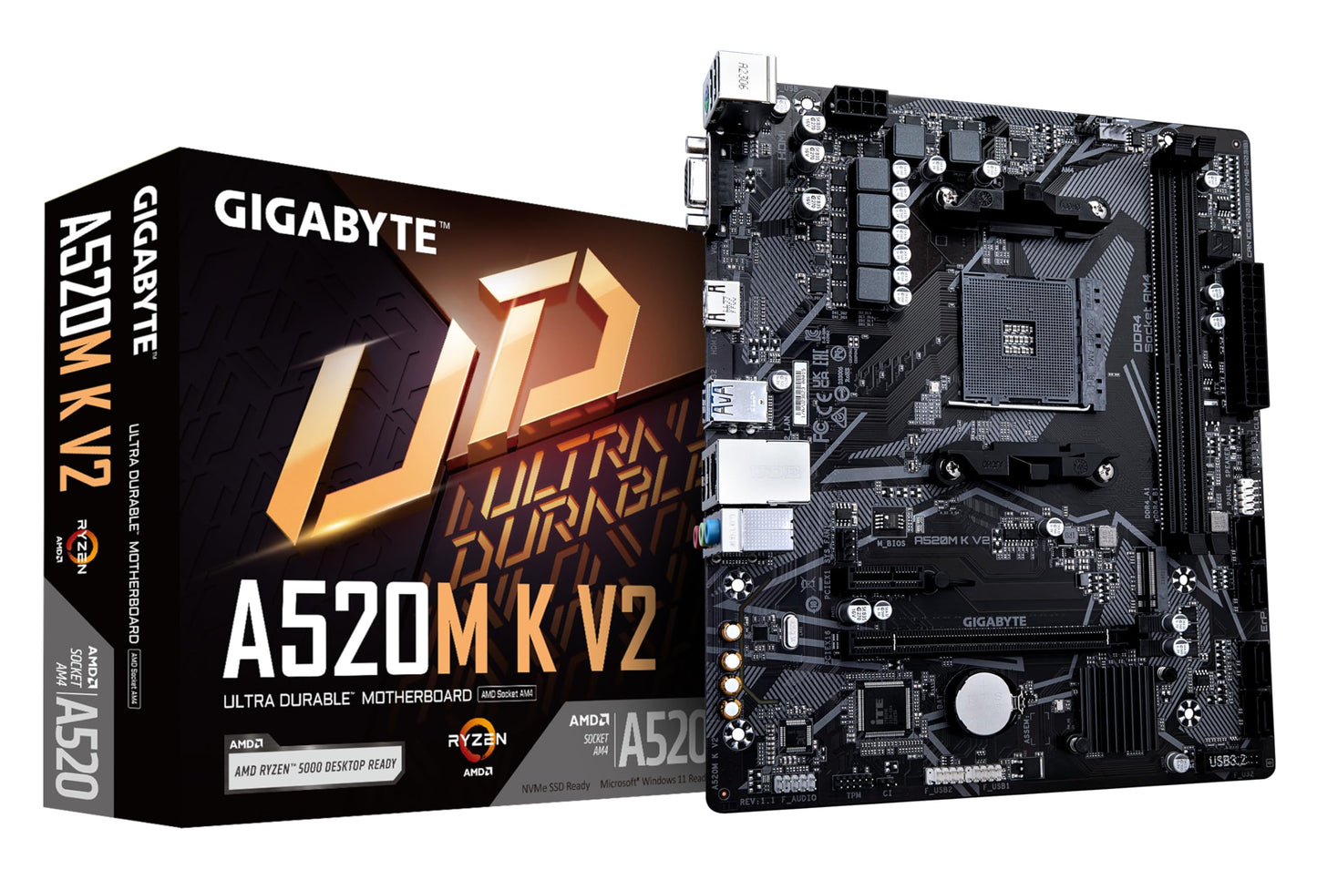 GIGABYTE A520M K V2 motherboard - Supports AMD Ryzen 5000 series AM4 CPUs, up to 5100MHz DDR4 (OC), PCIe Gen3 x4 M.2, GbE LAN, USB 3.2 Gen 1