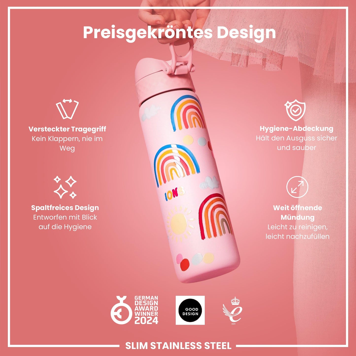 Ion8 Lightweight Steel Water Bottle 600ml Non-Insulated Leakproof One-Hand Opening Secure Lock Dishwasher Safe Flip Lid Carry Handle Easy to Clean, Rainbows