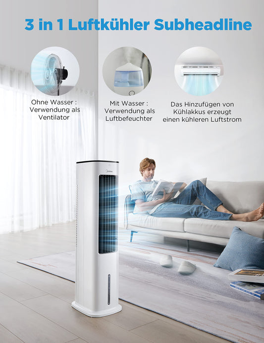 Midea 4-in-1 Portable Air Conditioner without Exhaust Hose | Tower Fan with Water Cooling & Humidifier | Mobile Air Cooler with 5L Water Tank, 355m³/h Airflow, Ionization, Remote Control (55W, White)