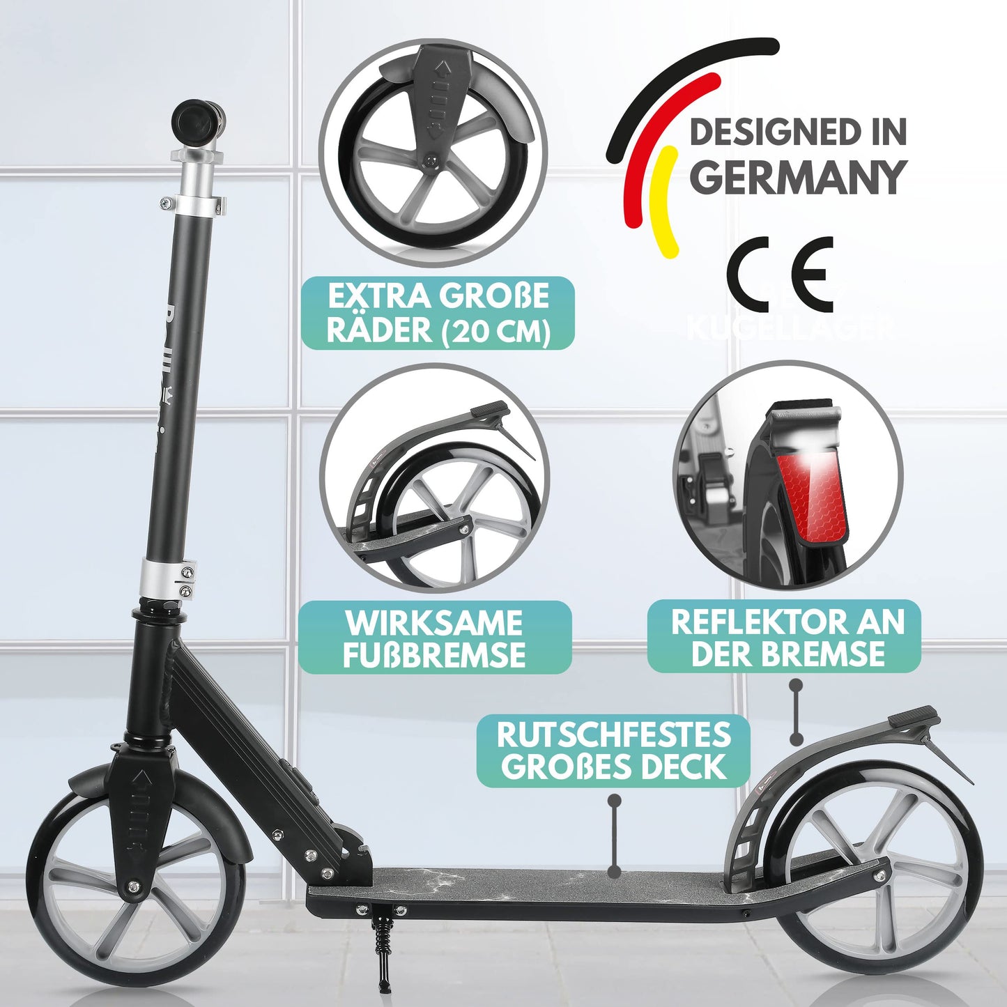 Rollking® Scooter for children aged 5 and up. The folding city scooter with big wheels. Kick scooter for adults with a weight capacity of up to 100kg (Black/Grey).
