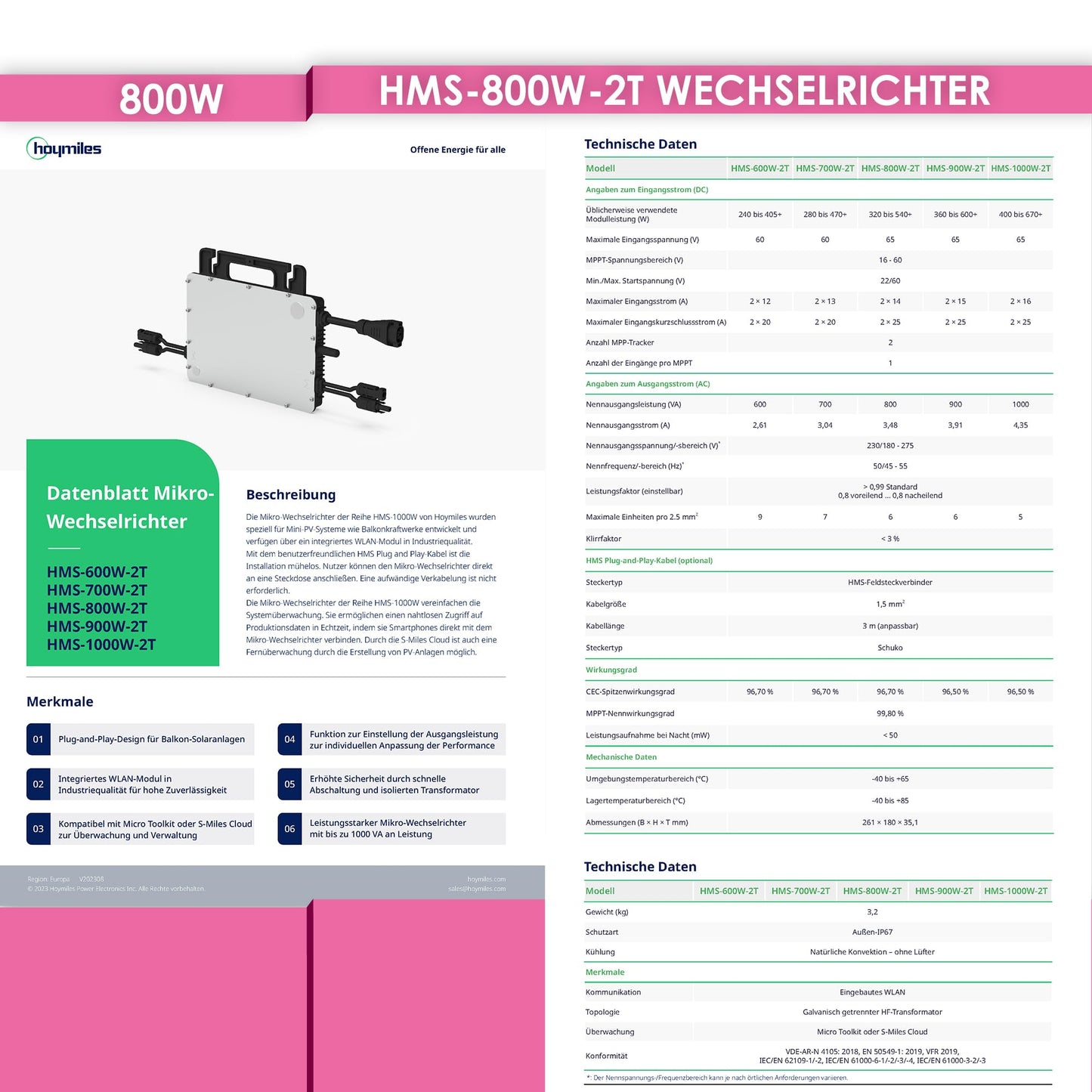 Hoymiles HMS-800W-2T micro inverter with integrated WiFi DTU | incl. 5m HMS Field Connector cable | up to 2 PV modules | 800 watts | VDE compliant | for balcony solar systems