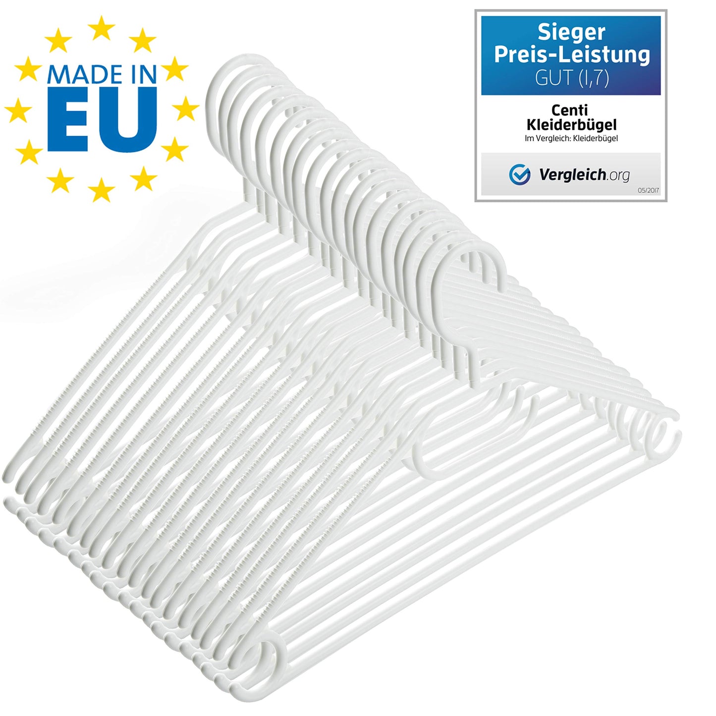 50 white plastic hangers with swivel hooks, approximately 41 cm long, a sustainable solution for organizing your closet, Made in EU, environmentally friendly with 100% recycled material.