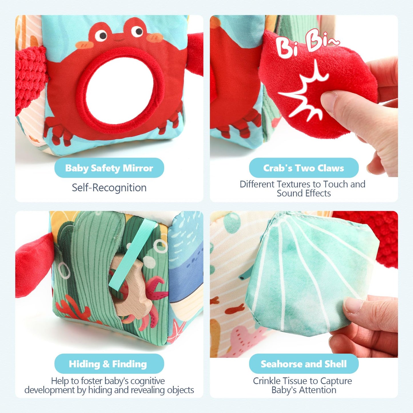 WOODEN TEETHER Personalized Baby Tissue Box Toy (engravable and blessed) Montessori toy for 6 months, Promotes Sensory & Motor Skills, with mirrors, Boys & Girls Gift (Crabs)