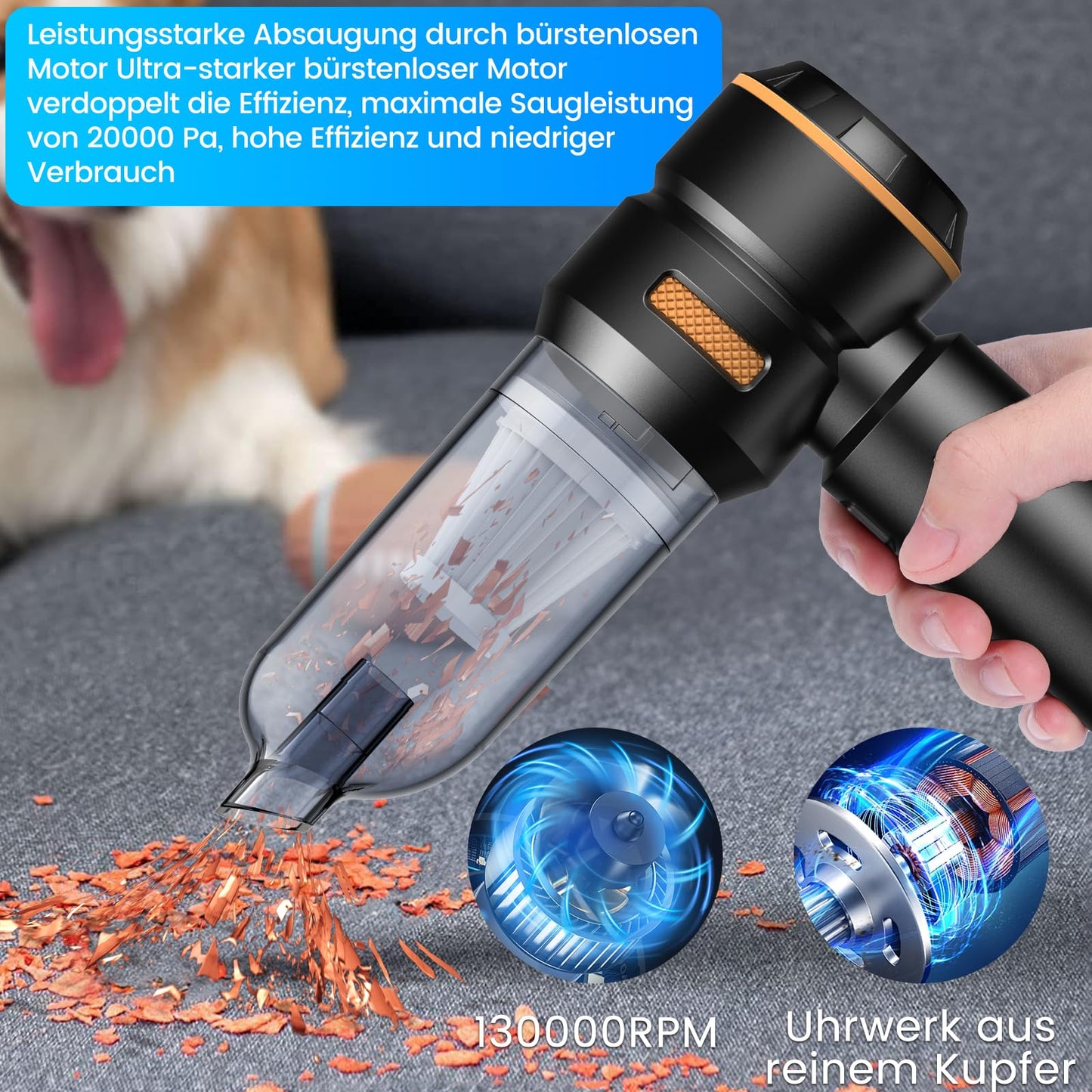 Handheld Vacuum Cleaner Cordless - 20000pa Car Vacuum Cleaner Strong, Mini Vacuum Cleaner for Car, PC, Home, Kitchen, Gaps and Corners, Vacuum Cleaner High Power, Can Be Used as Inflatable Pump, 6000mAh