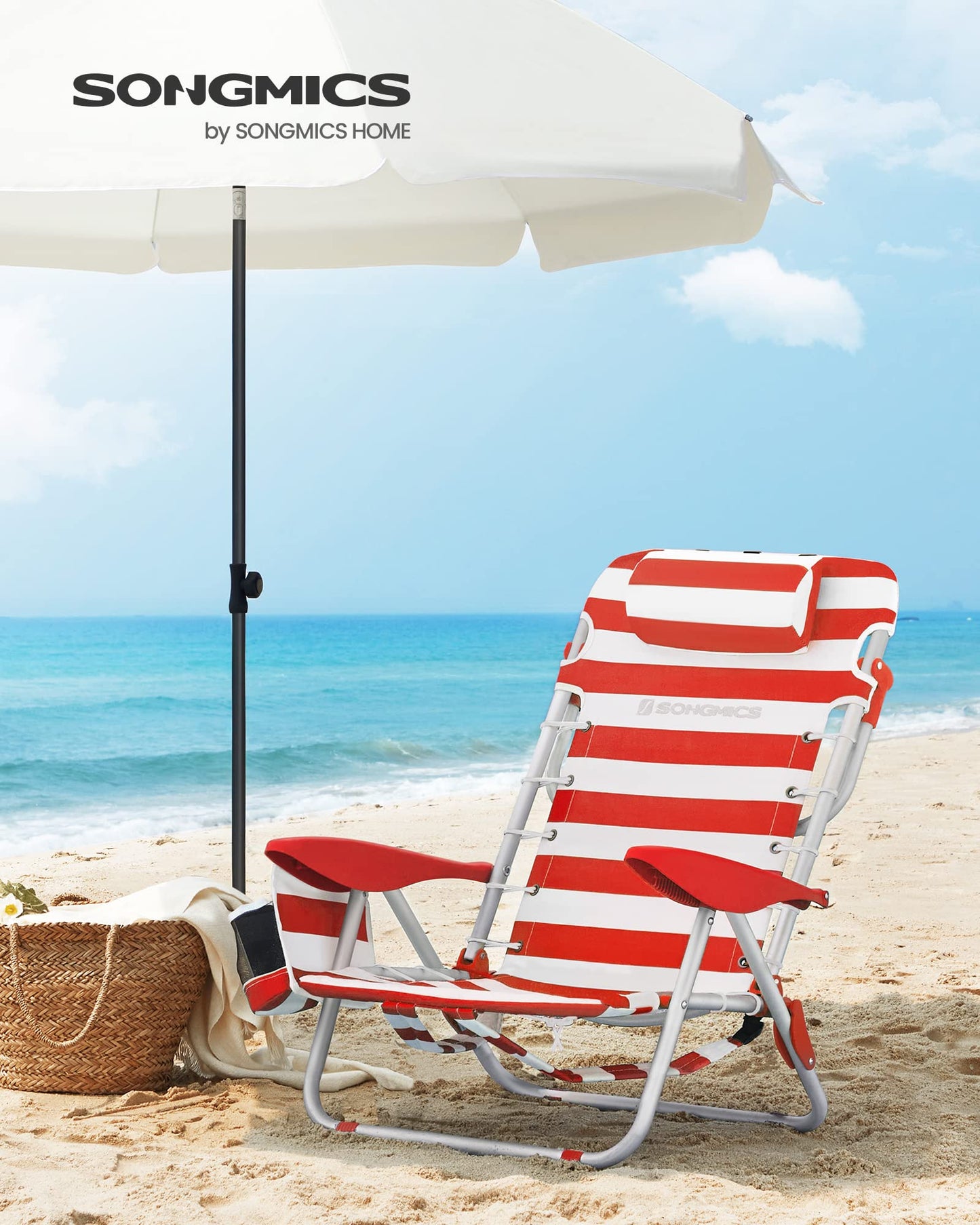 SONGMICS beach chair, camping chair, foldable, with shoulder strap, adjustable backrest, headrest, armrest, 2 side pockets, red and white GCB062R01