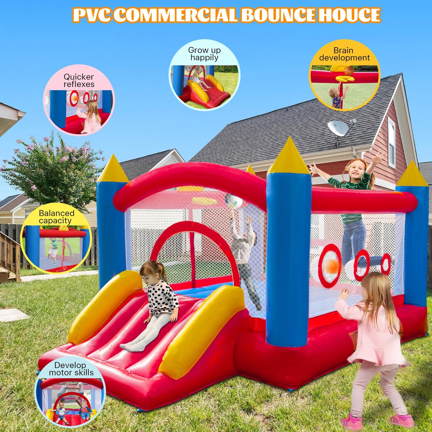 Ballsea PVC Inflatable Bounce House with blower, trampoline, slide, safety net. Made of PVC, suitable for home, outdoor, kindergarten, or commercial use. Size: 365 * 283 * 195cm.