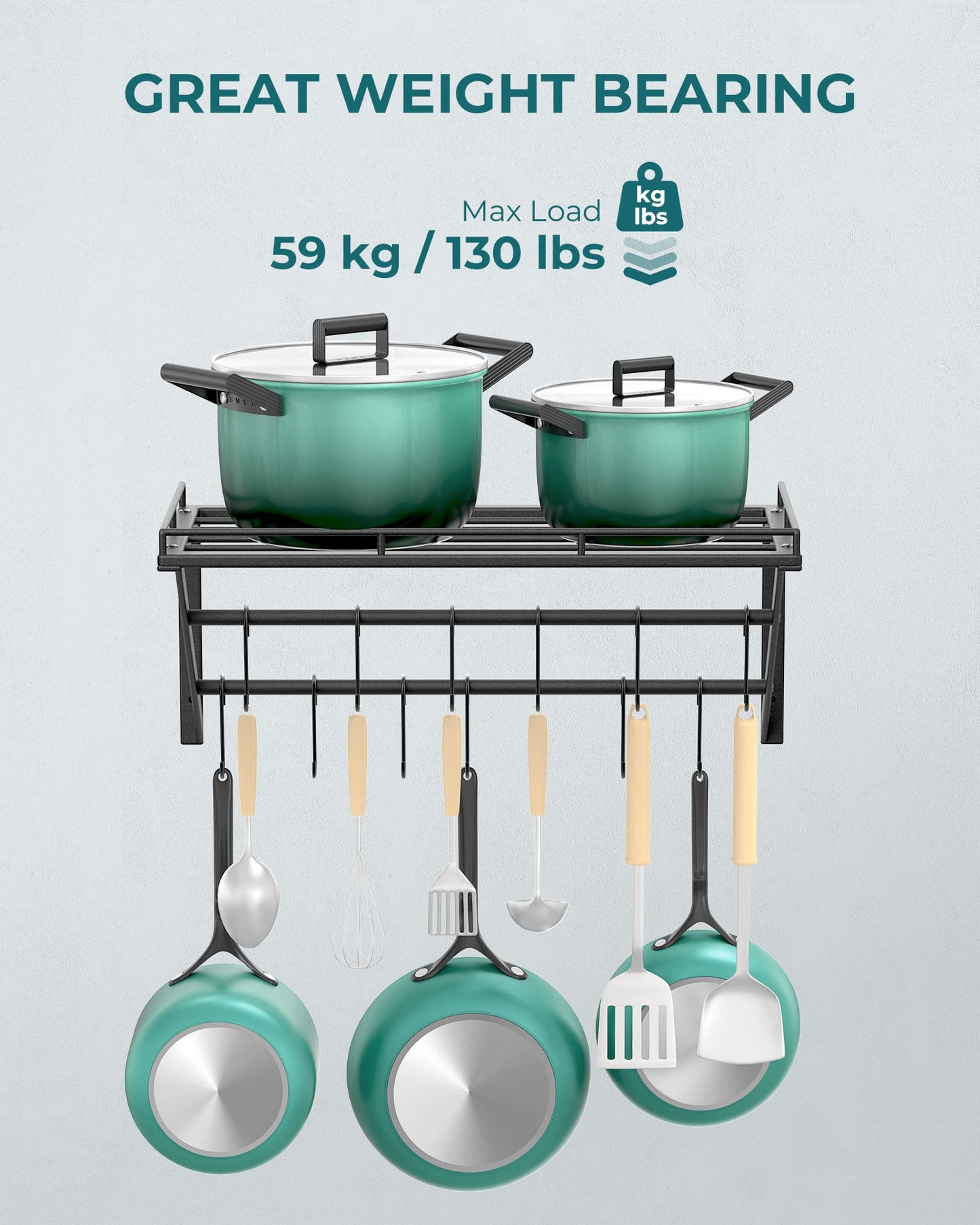 OROPY Pot Rack, 3-Tier Iron Kitchen Shelf Wall Mounted, Pan Holder with 12 Hooks, 60 * 29.5 * 24.5cm, Kitchen Utensil Holder, Kitchen Wall Shelf for Pots and Pans