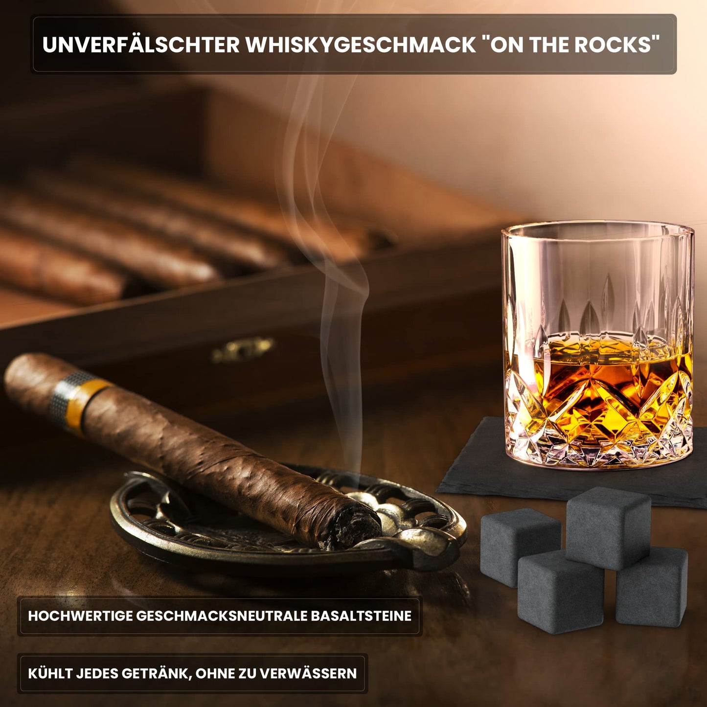 Twhisky Premium Whisky Glasses Gift Set - 2 Whiskey Tumblers 300 ml, 8 Reusable Whisky Stones made of Basalt, 2 Slate Coasters, Tongs & high-quality Gift Box