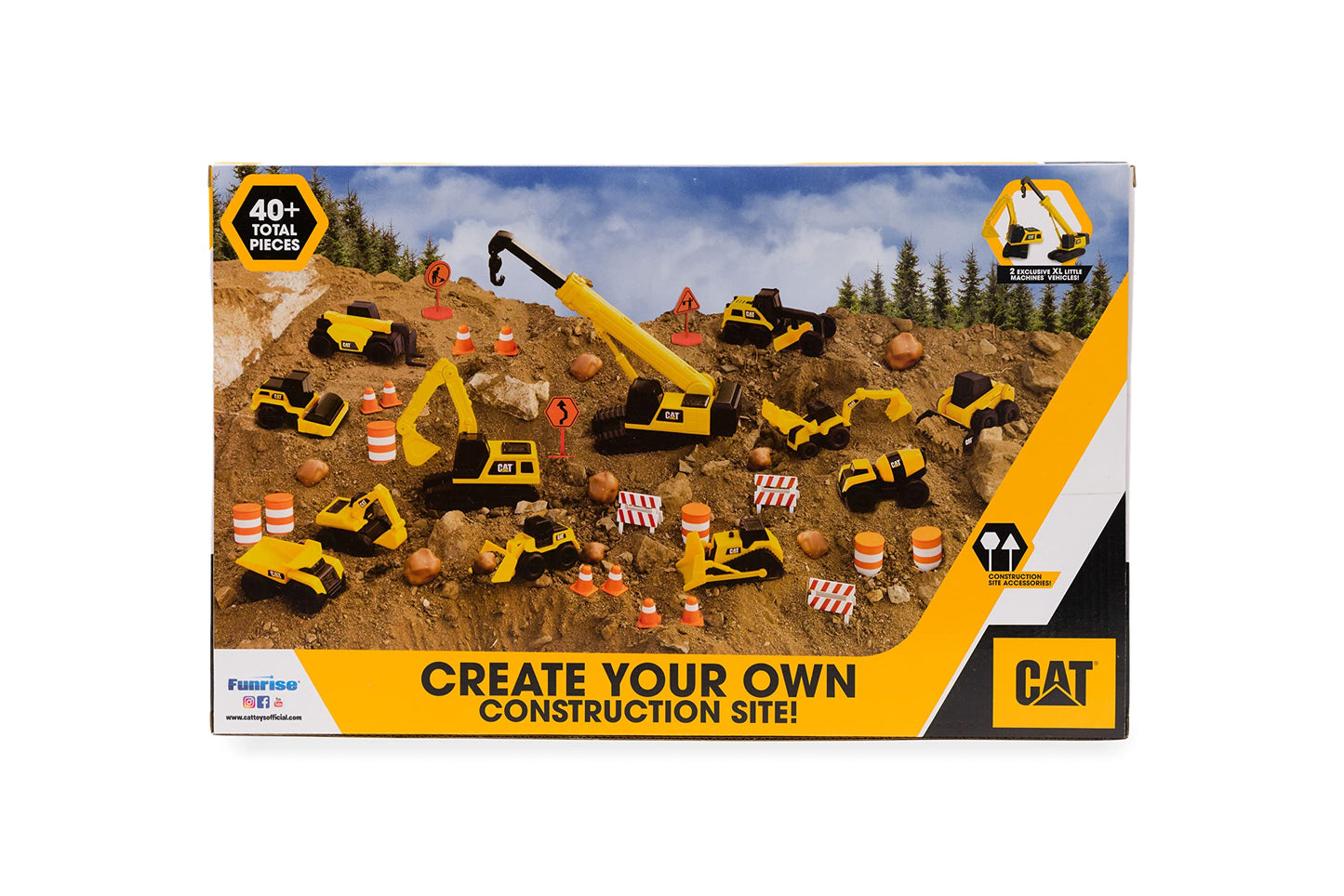 CAT® Construction Little Machines Mega Set I With 40 pieces I Includes vehicles, a crane, traffic signs, cones, blocks, and cylinders I For kids aged 3 years and up.
