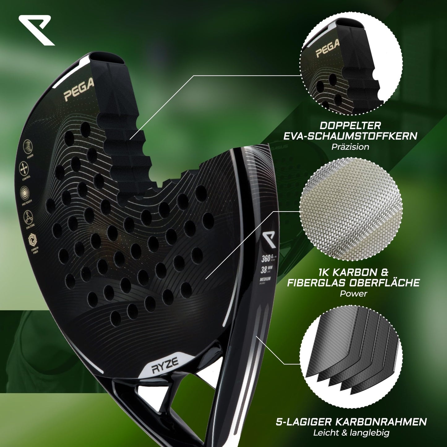 RYZE Pegasus - Padel racket made of 100% carbon fiber - Maximum power & control - Lightweight & durable 360g - Unisex padel racket for men & women - Padel racket set includes free cover