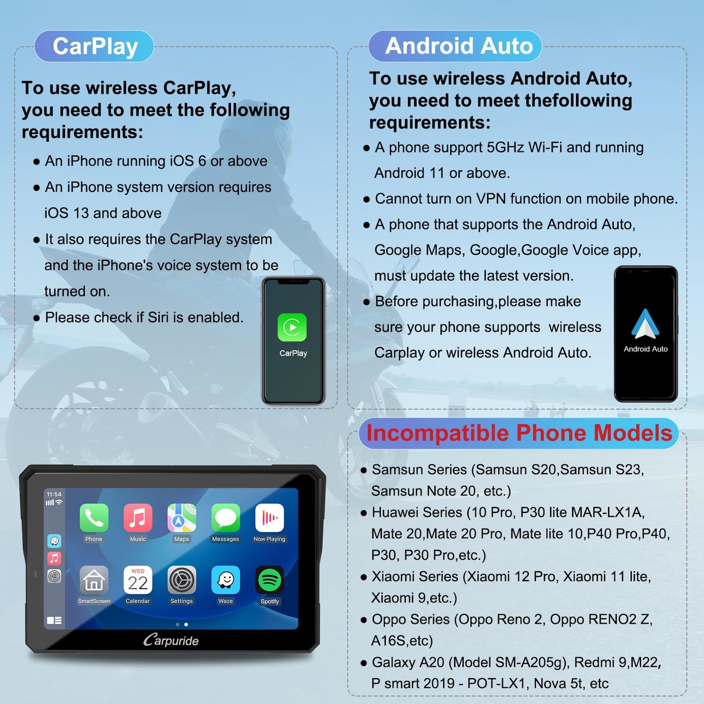 The Carpuride W702 Pro motorbike Carplay screen features intercom function, wireless CarPlay and Android Auto, portable waterproof 7-inch touchscreen, improved dual Bluetooth, navigation, compass.