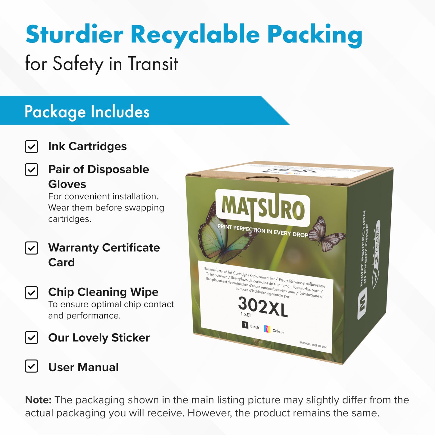 Matsuro 302XL Multipack printer cartridges replacement for HP 302 XL with chip. Compatible with HP Envy 4520 4524 4527 Deskjet 2130 3630 3636 Officejet 3830 3831 3835. Includes 1x black, 1x color.