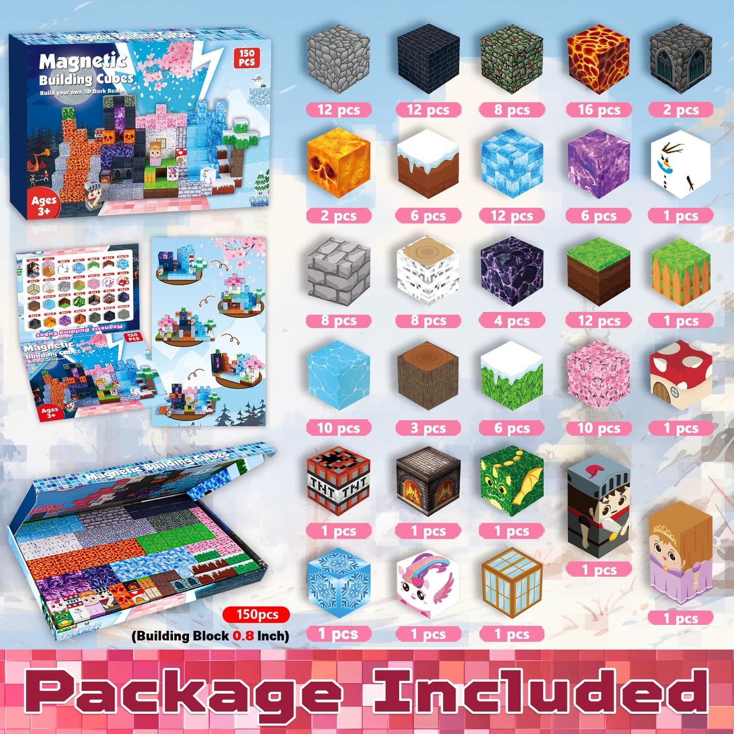 ToyUnited Magnetic Building Blocks 150 Pieces Magnet Blocks "Dragon Adventure" - Fantasy world with volcano, knights & magical cherry blossoms, toy for kids ages 4 5 6 7 8 9 years