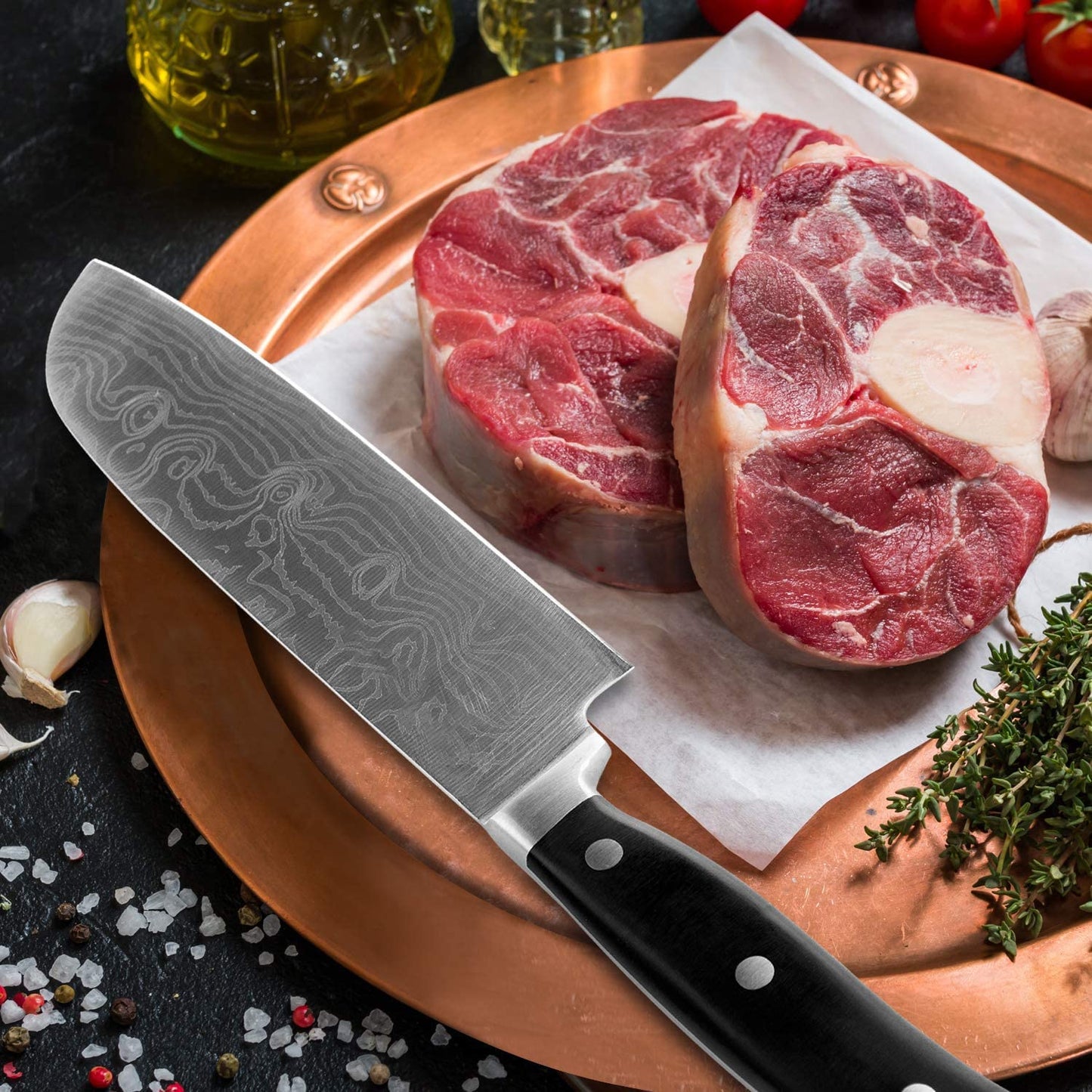 HUIKAILI Knife Set, Professional Stainless Steel Kitchen Knife Set, Sharp, Non-Slip, Frosted Handle, with Chef's Knife, Knife Sharpener, 2 Santoku Knives, and Paring Knife