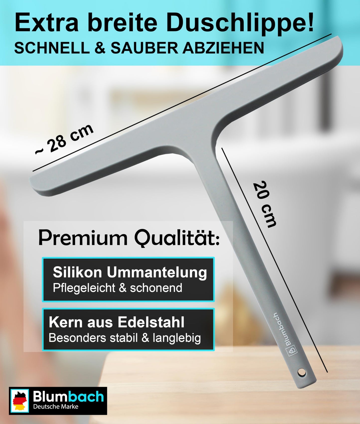 BLUMBACH® Shower Squeegee in grey, 28 cm wide with holder, silicone squeegee with stainless steel core, for shower walls and glass, perfect for wiping off water after a shower.