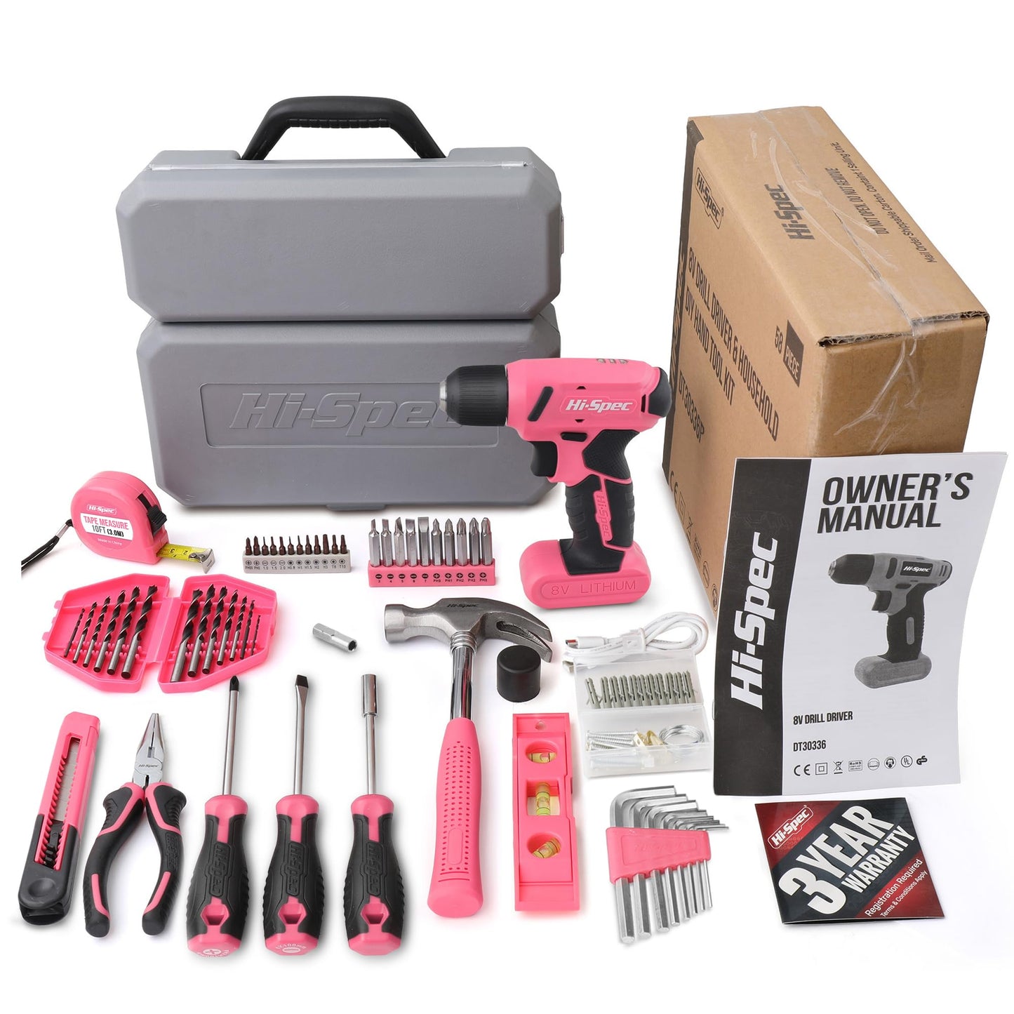 Hi-Spec 58 piece tool set in pink. Cordless drill toolbox tool kit: Tool case filled with 8V cordless drill - tools for women household workshop DIY.