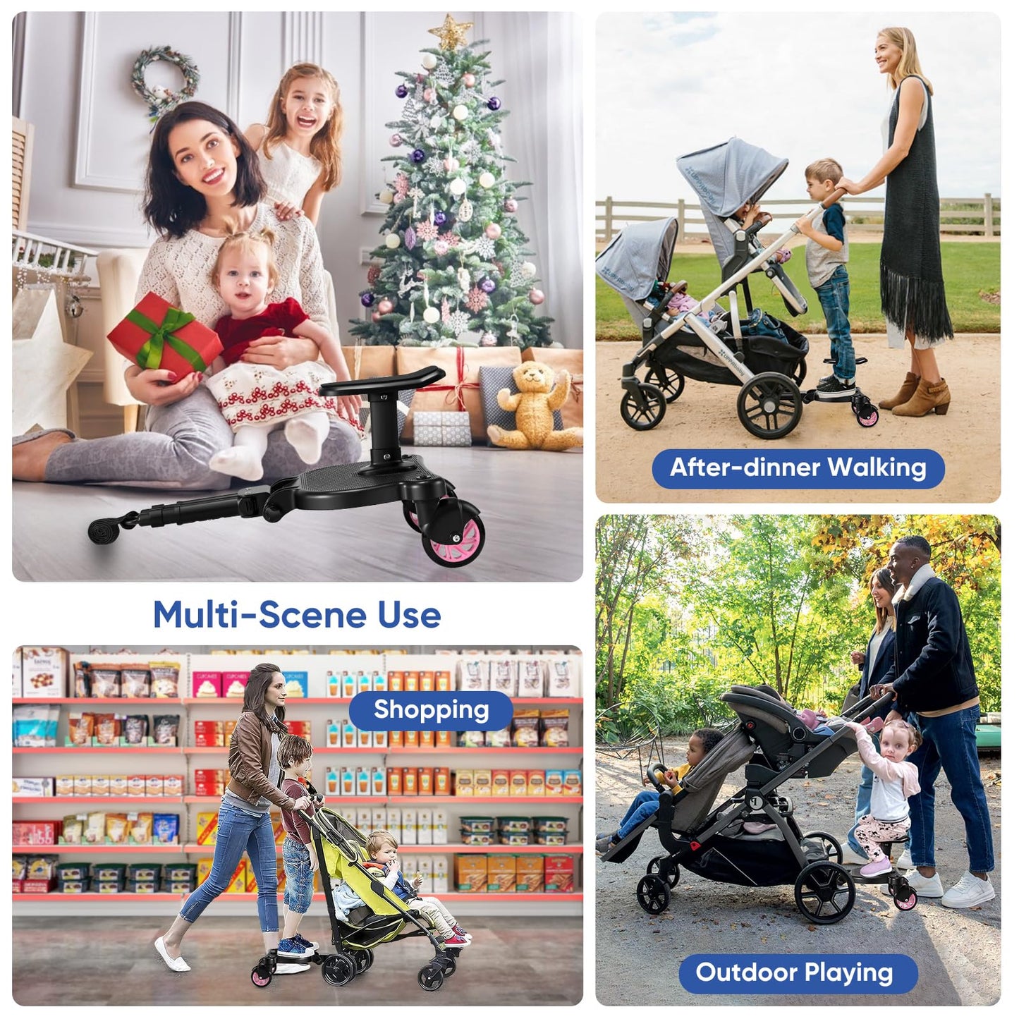 Buggy Board with Seat, FNRIDS Stroller Ride On Board Universal, with Hanging Strap, stable Two Wheel Design, 360 degree rotation, Stroller Accessory for children aged 2 to 6 years (25 kg) (Pink)