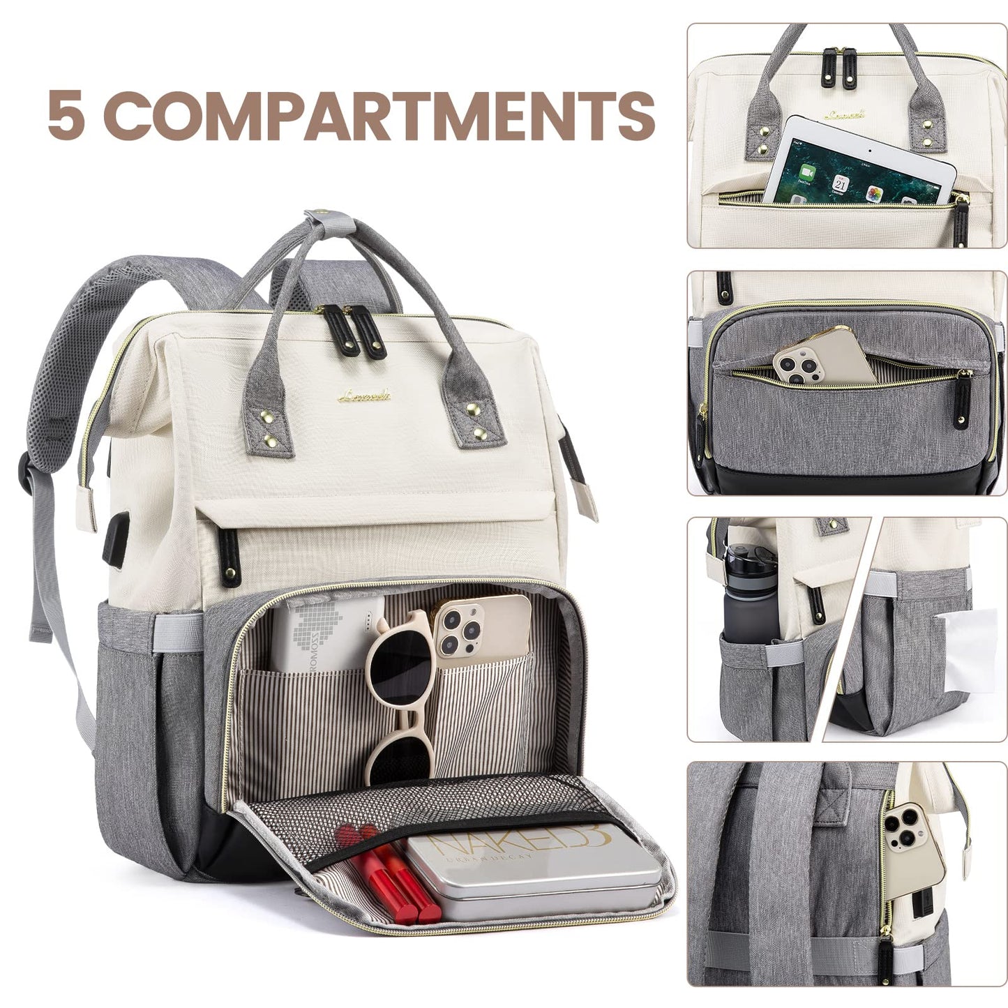 LOVEVOOK laptop backpack for women with 15.6 inch laptop compartment, suitable for girls, teenagers, and college students. This waterproof backpack is perfect for school, travel, university, business, and work in beige and gray.