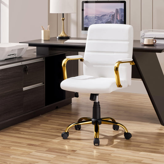 Yaheetech office chair ergonomic desk chair, swivel chair with casters, office stool with armrests, work chair with backrest, executive chair load capacity up to 130kg White/Golden.